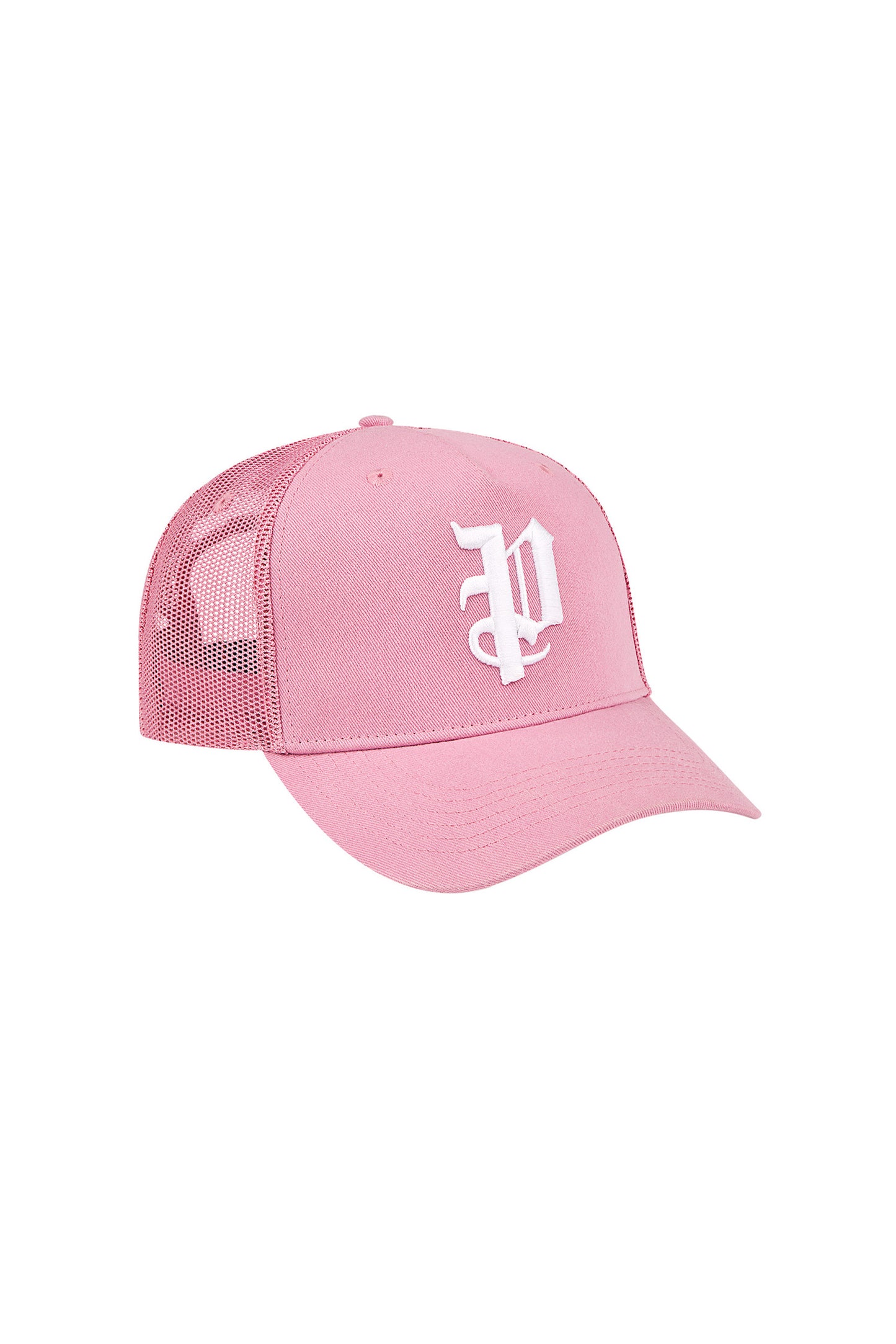 P Logo Trucker Hat in green with gothic Purple Brand monogram and curved visor, OS size.
