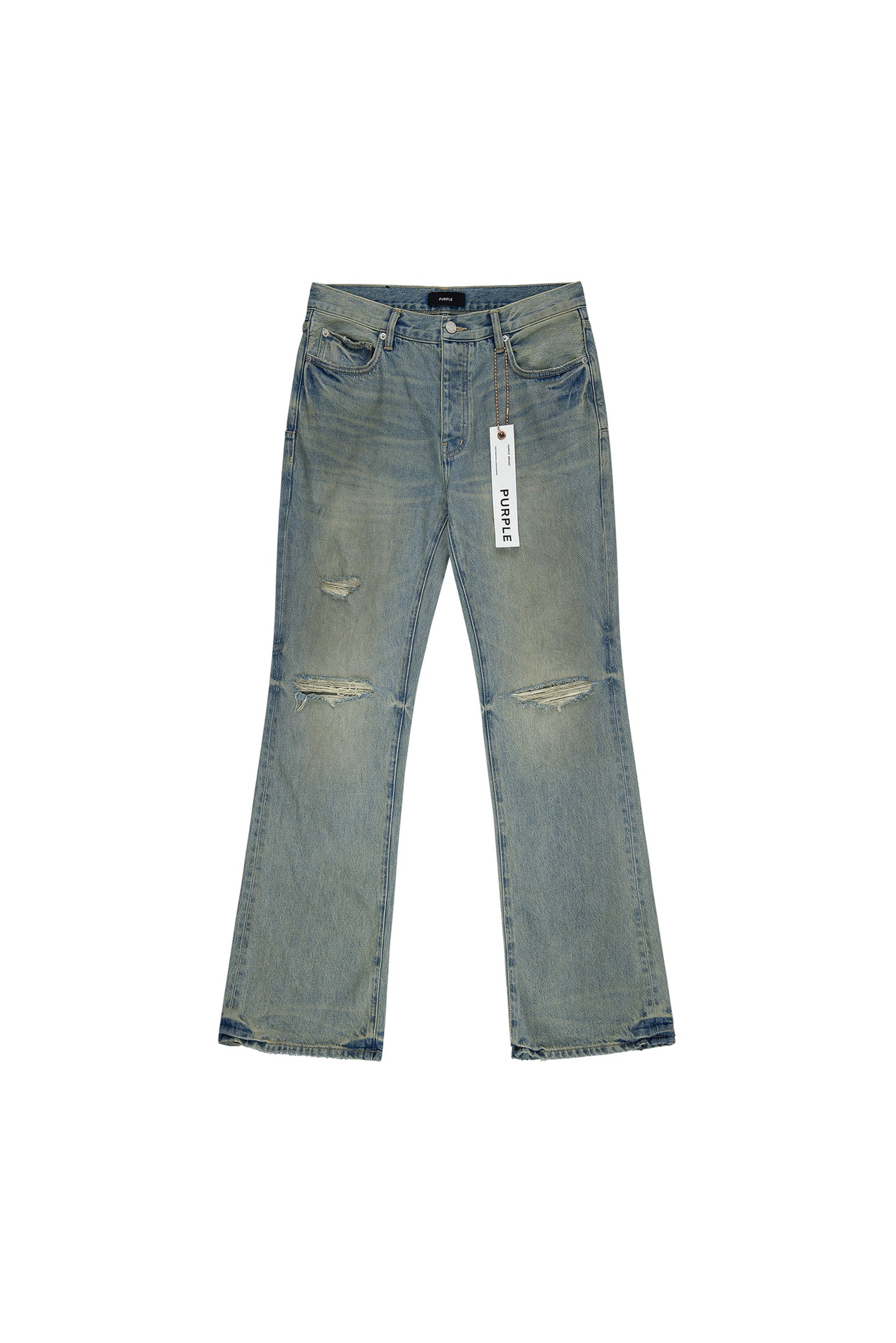 Boot leg denim jeans with rips and abrasions, part of the Dirty Fade Down collection.