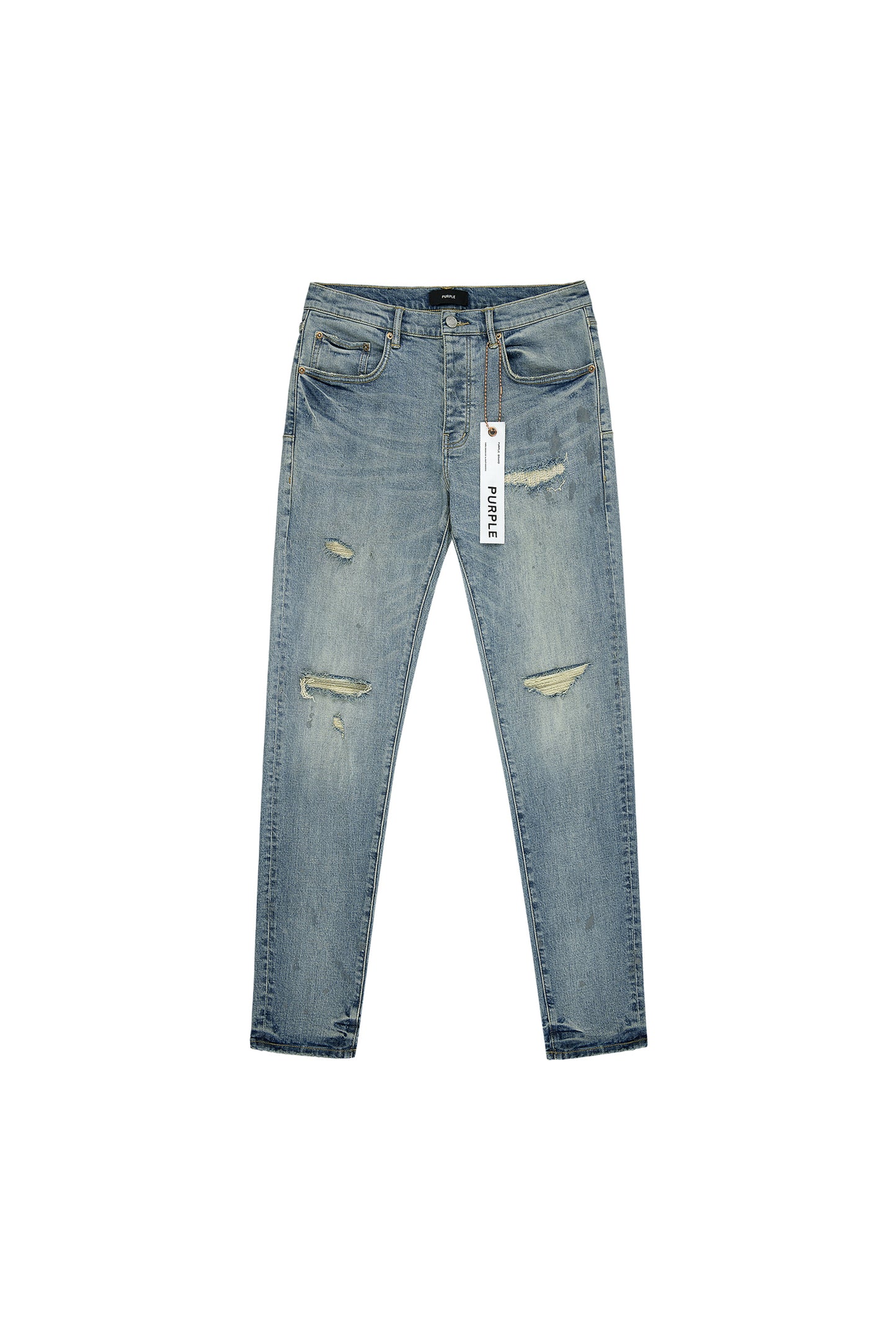 Worn Indigo Slashed Paint denim with paint spots and abrasions, available in various sizes.