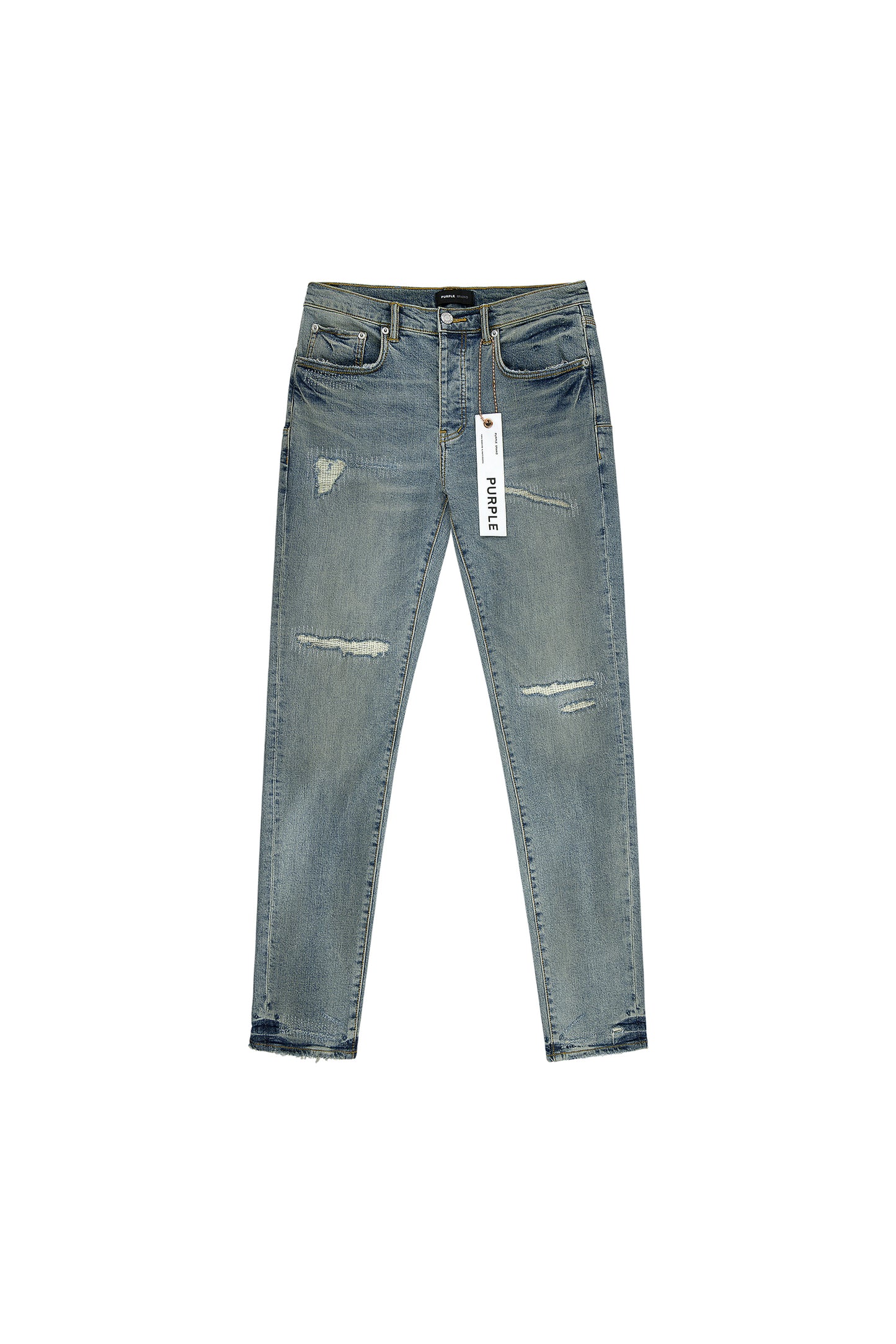 Light Blue Vintage Denim Stretch Skinny Jeans with Abrasions and Repairs, size 28-40.