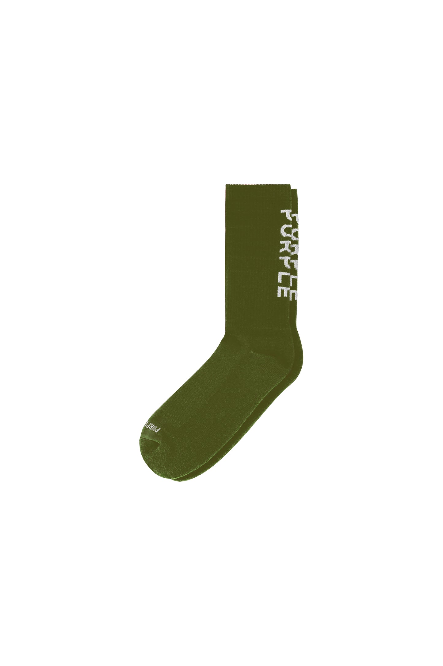 Green crew sock with Purple Brand logo lettering, rib-knit for durability.