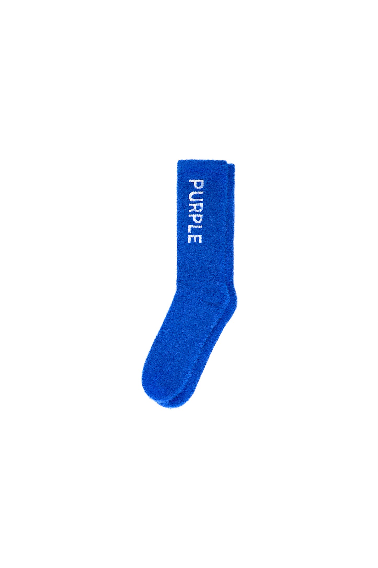 Mohair Knit Sock in blue with Purple Brand logo and ribbed construction for comfort.