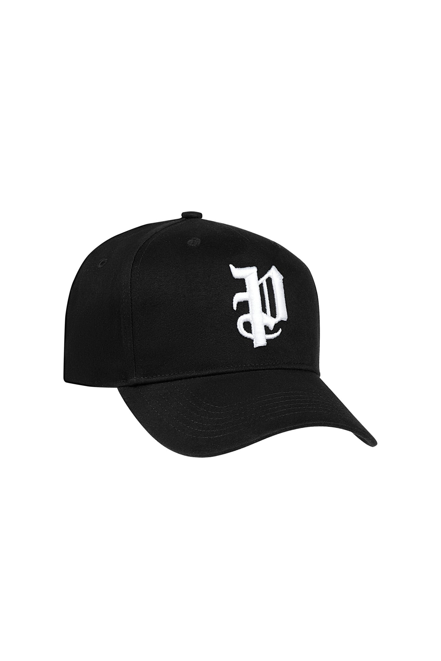 black cotton twill trucker hat with gothic Purple Brand monogram and curved visor