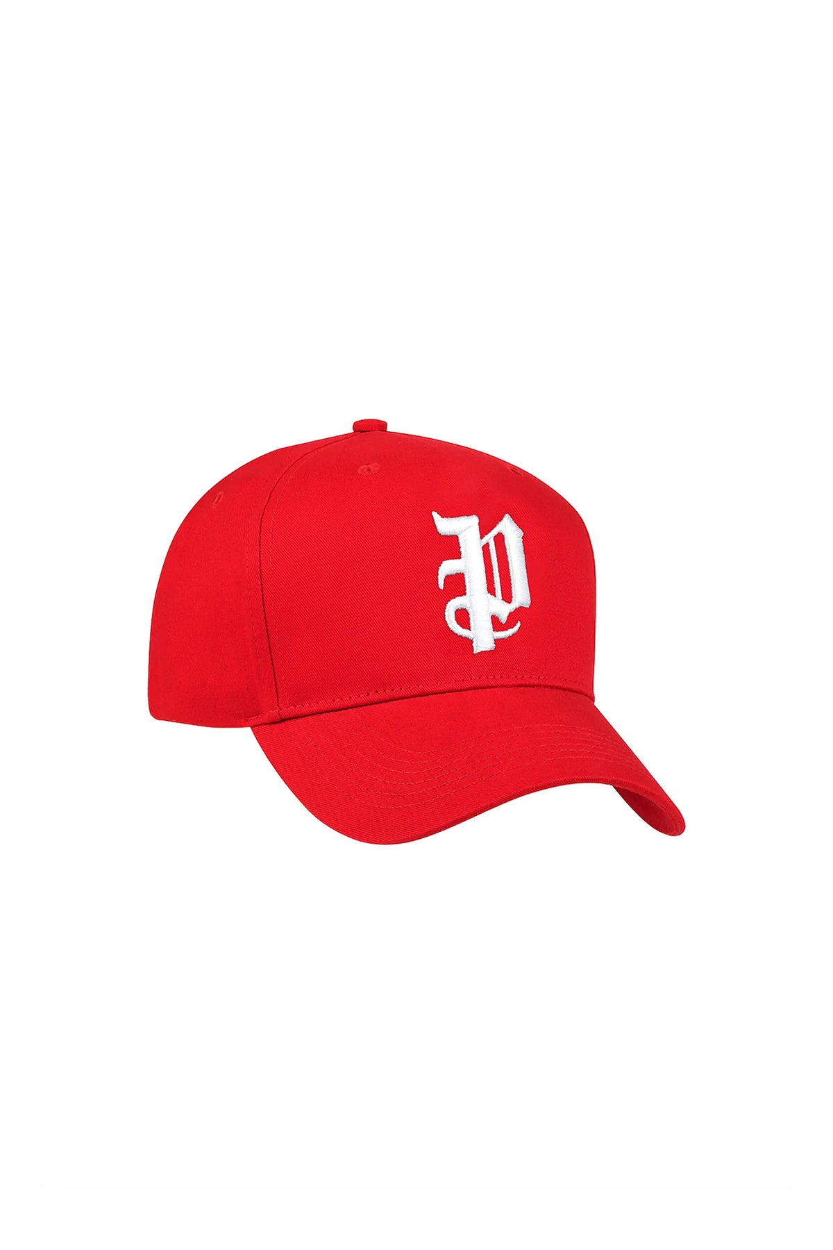 Red cotton twill trucker hat with gothic Purple Brand monogram and curved visor.