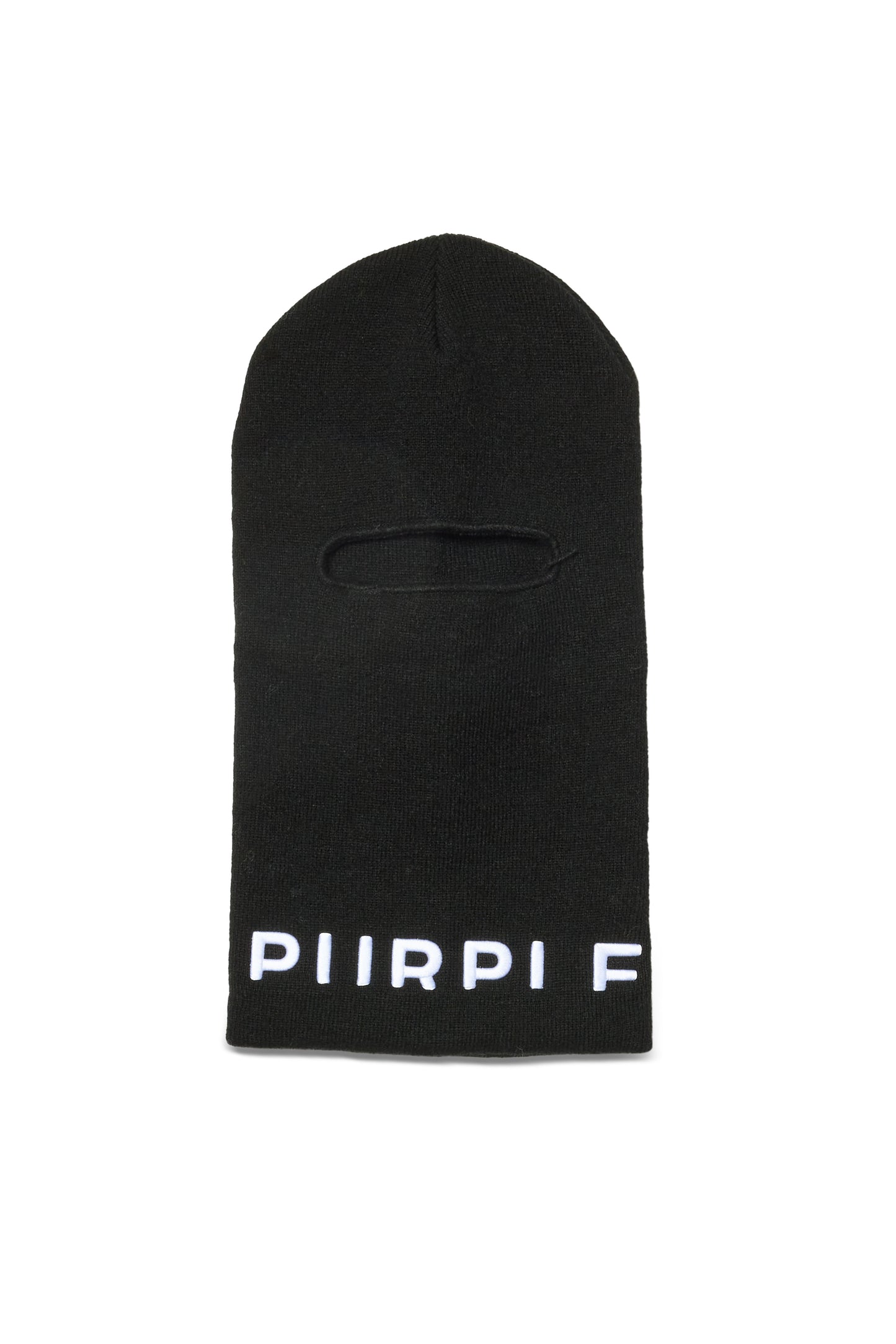 Wordmark Balaclava OS with Purple Brand logo and ribbed texture, made from 100% acrylic.
