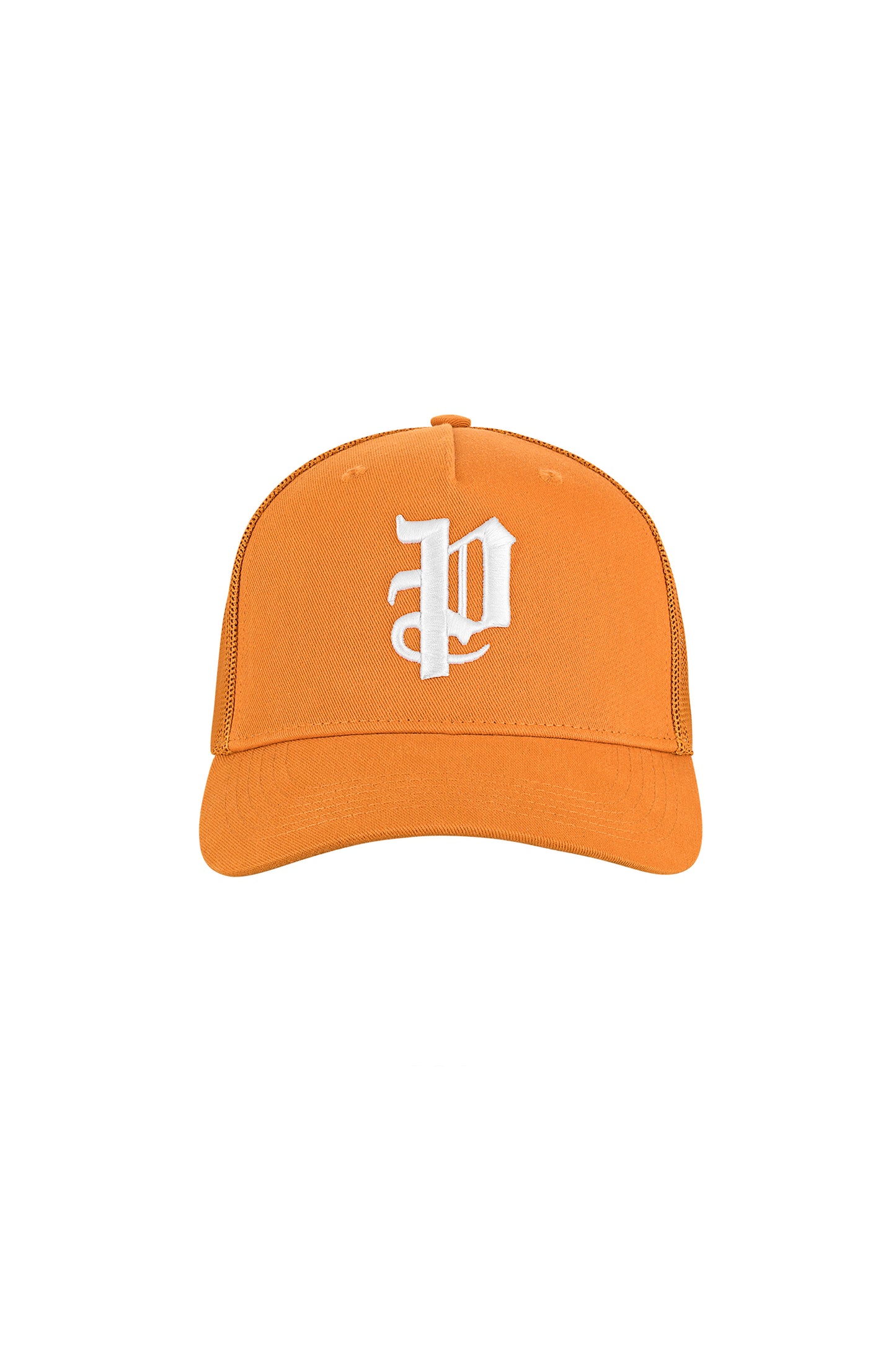 P Logo Trucker Hat orange with gothic Purple Brand monogram and curved visor, OS size.