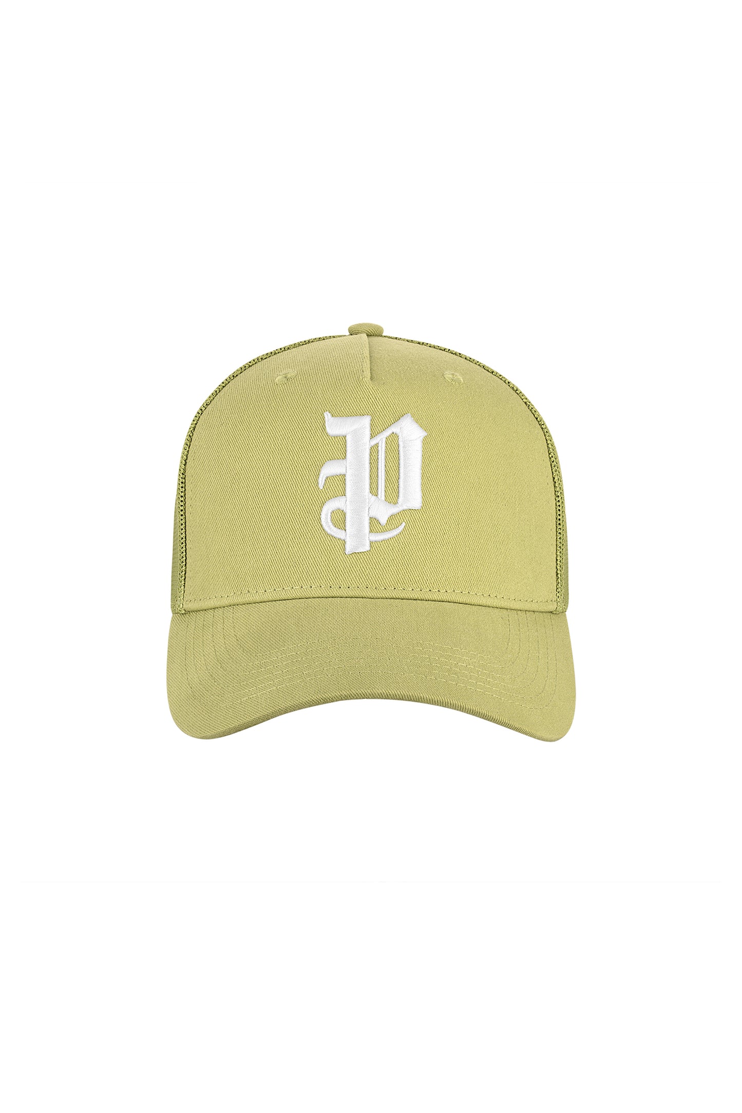 P Logo Trucker Hat in green with gothic Purple Brand monogram and curved visor design.