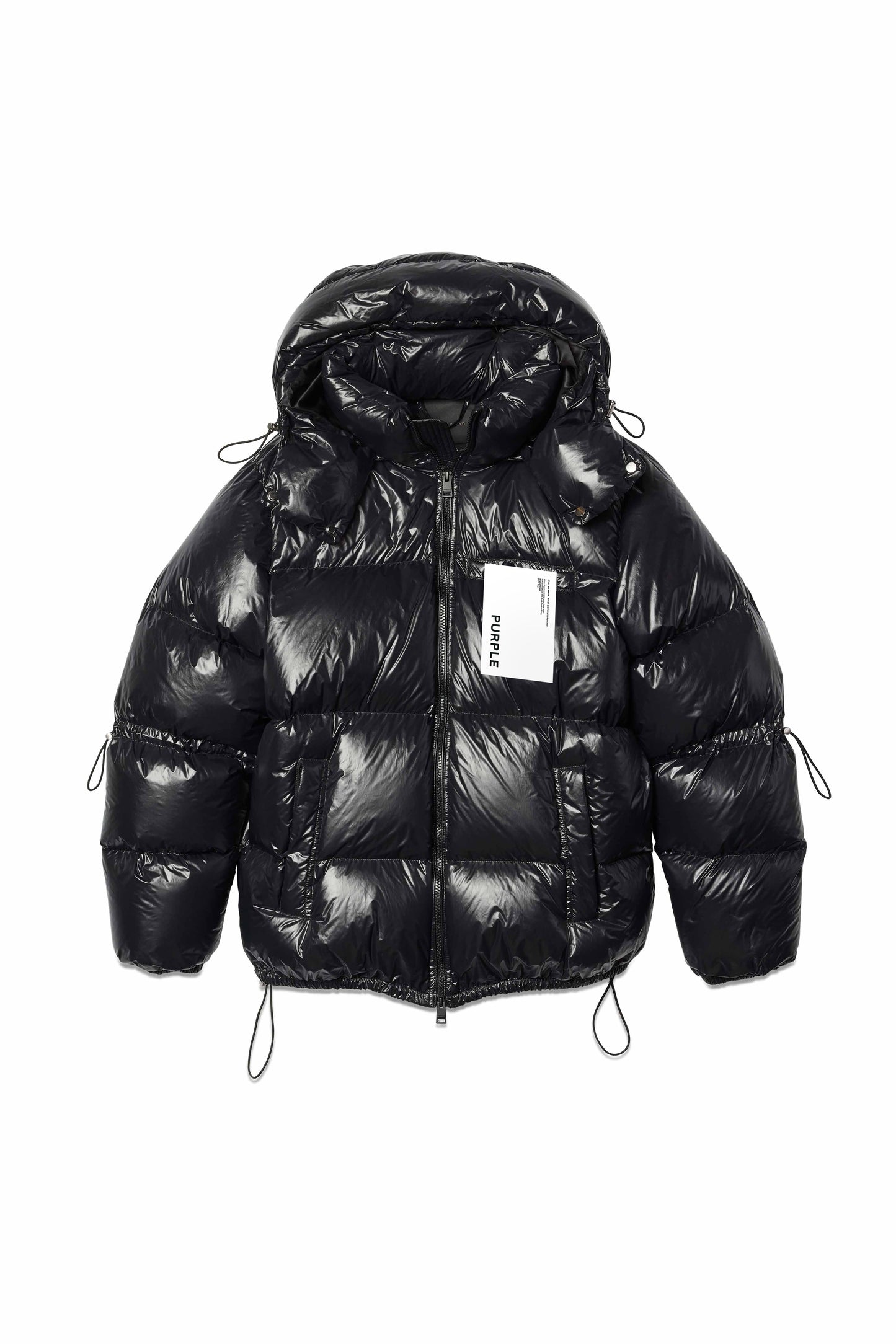 Black nylon puffer jacket with zip front, high neck, insulating hood, and side pockets.