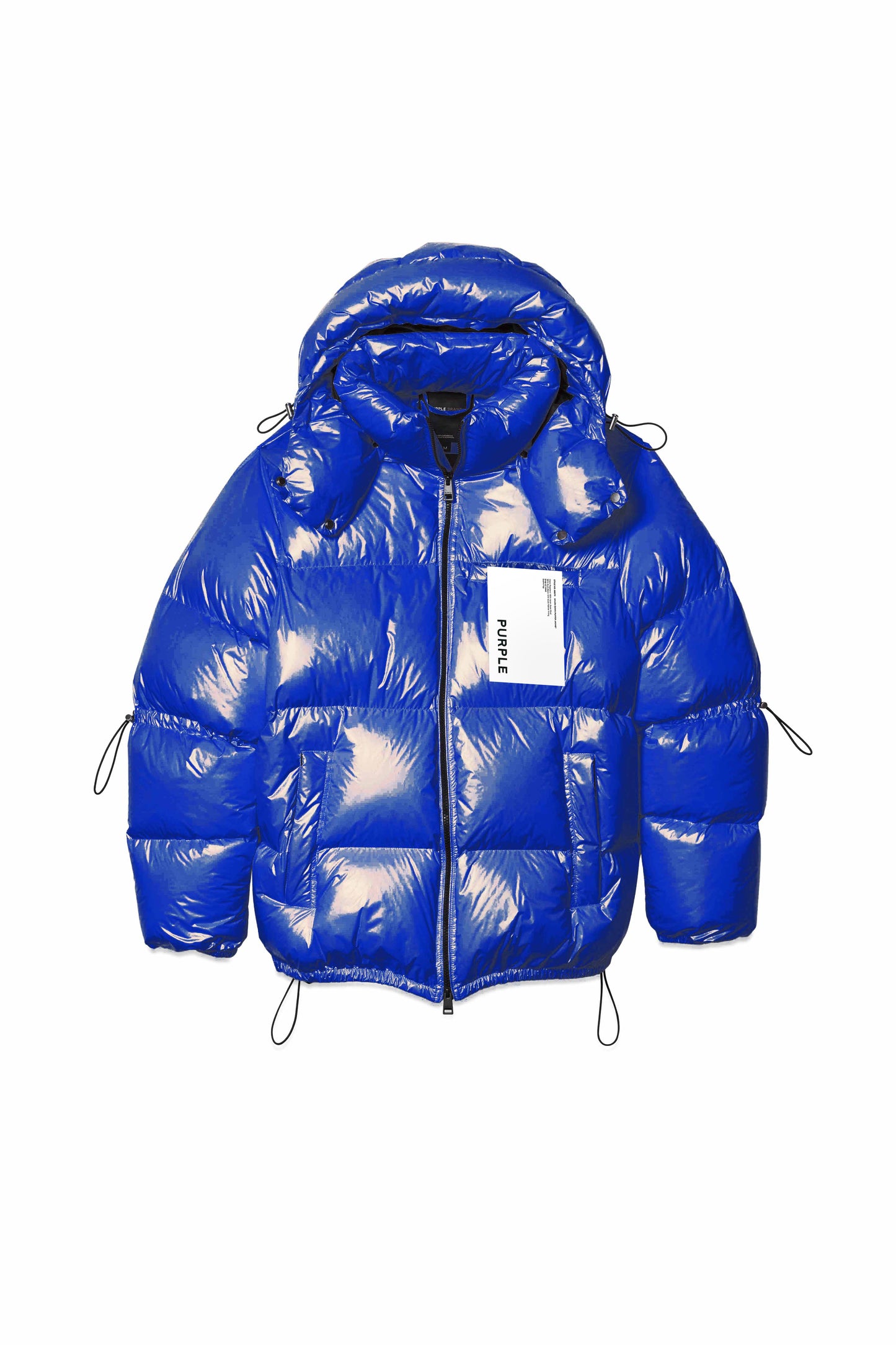 Blue nylon oversized puffer jacket with zip front, high neck, hood, and side pockets.