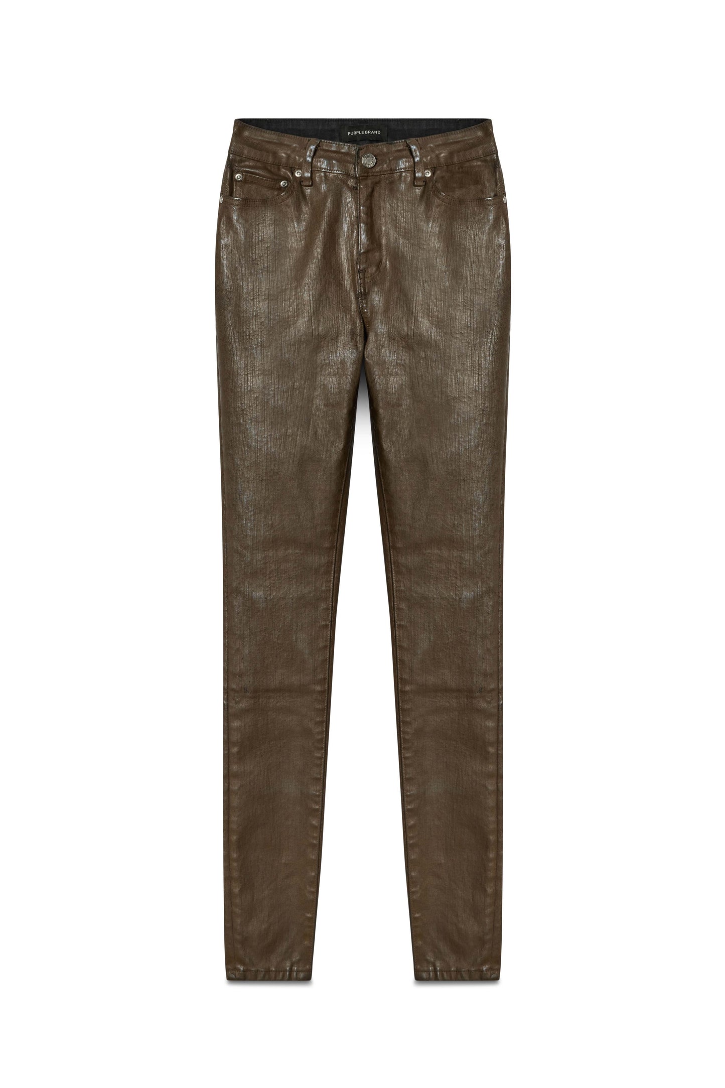 Skinny Mid Rise Paint Job brown super-stretch denim with paint-coated finish, five pocket styling.