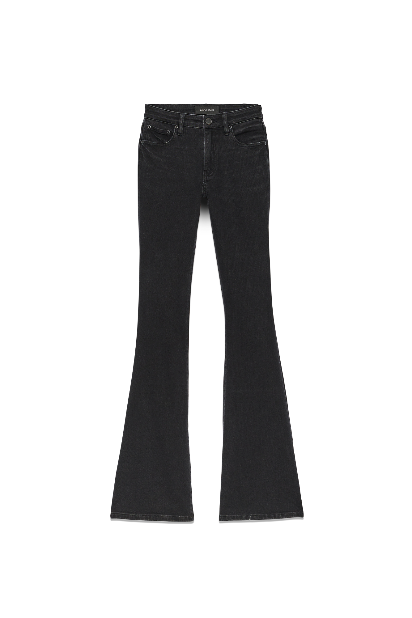 Flare denim with frayed hem, low rise, and 34-inch inseam in various sizes 24-34.