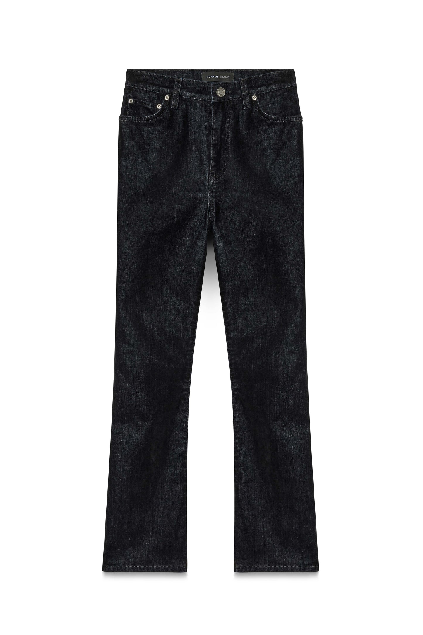 Flare Crop Flock black super-stretch denim with five pocket styling and reinforced belt loops.