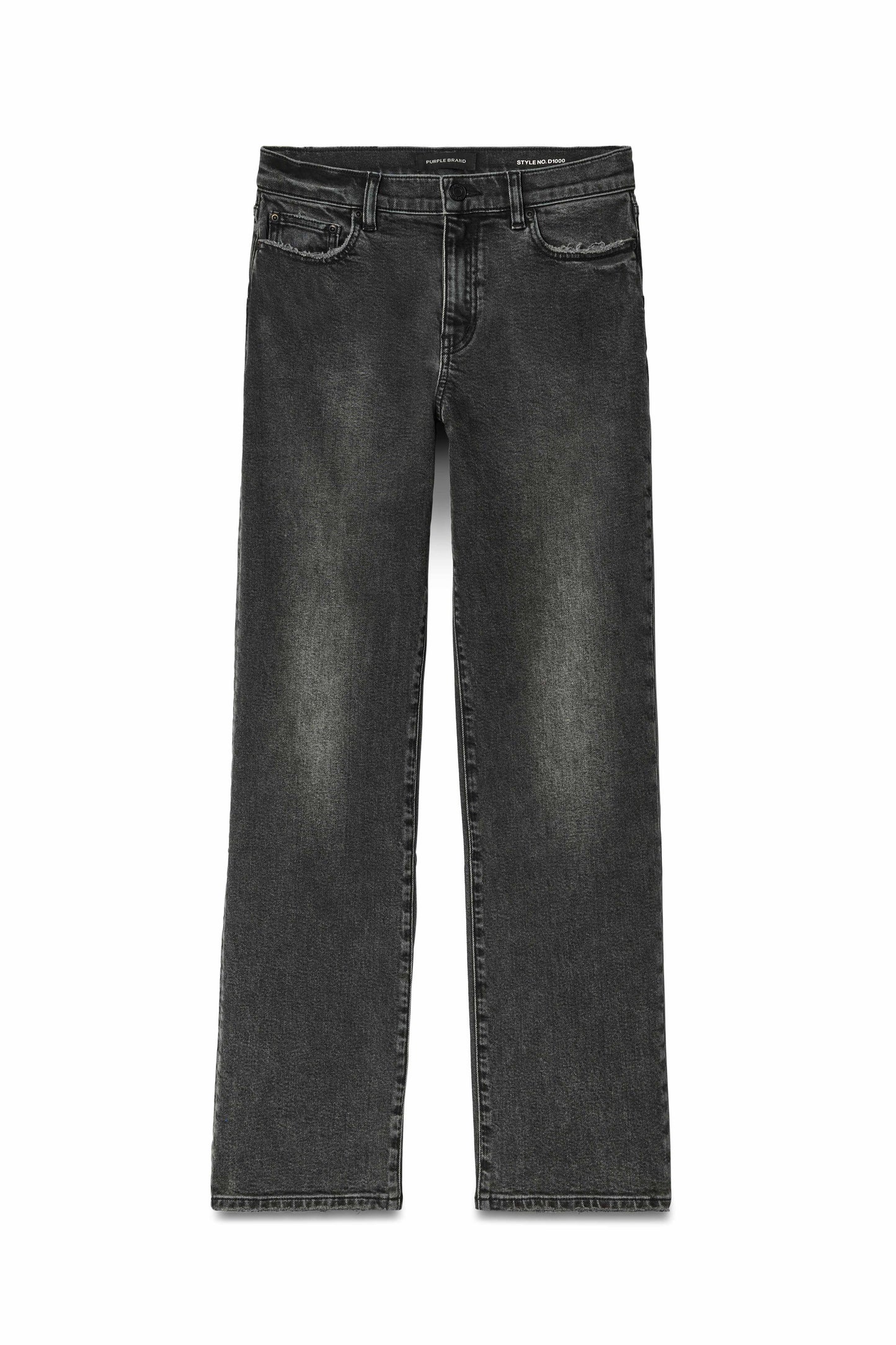 Slim Straight black super-stretch denim with five pockets, mid-rise, and straight leg design.