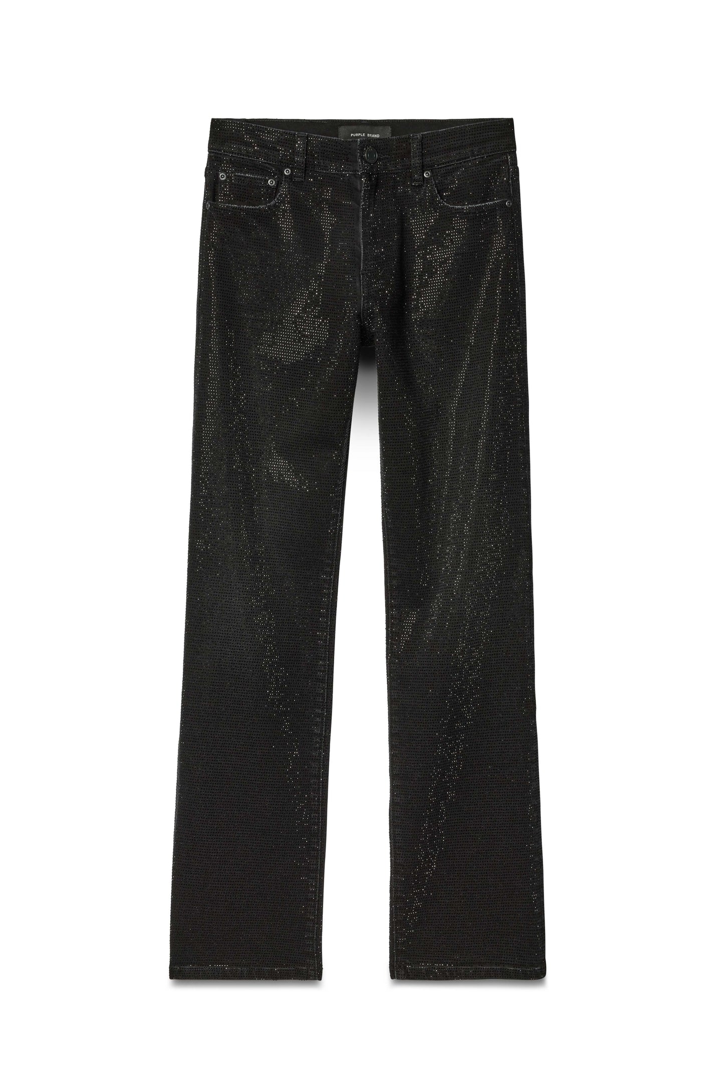 Slim Straight Crystal black denim with crystals, mid-rise, and straight leg style.