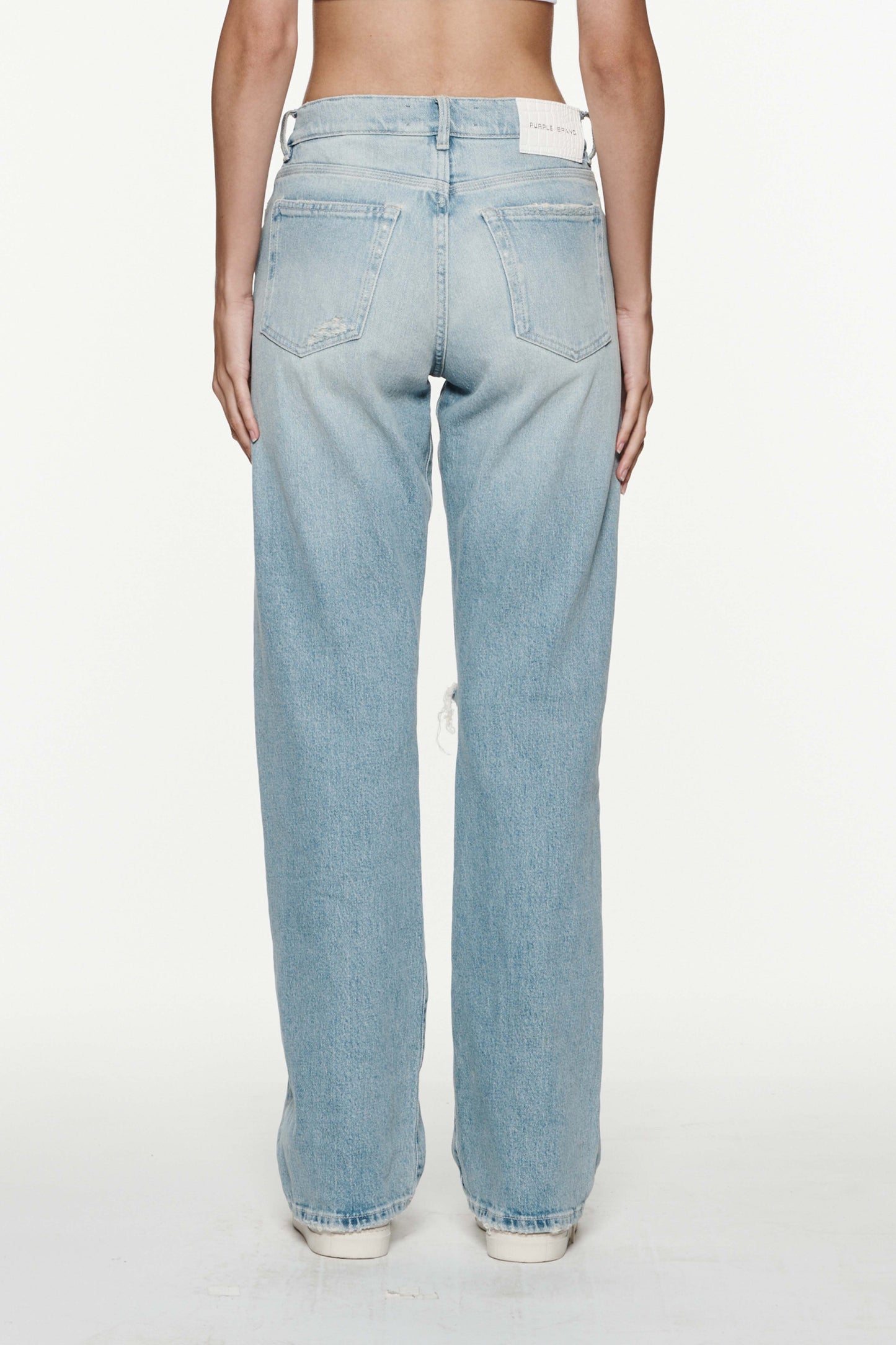 Slim Straight Bleached Denim with Right Knee Blowout and 5 Pocket Style