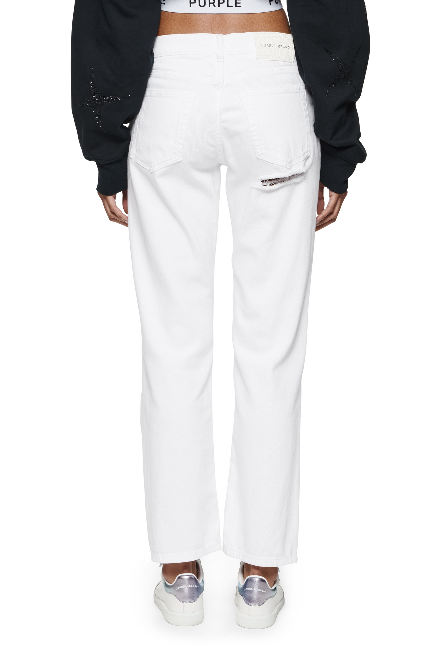 Slim Crop Denim in White with Cropped Length and Stretch, available in sizes 24 to 34.