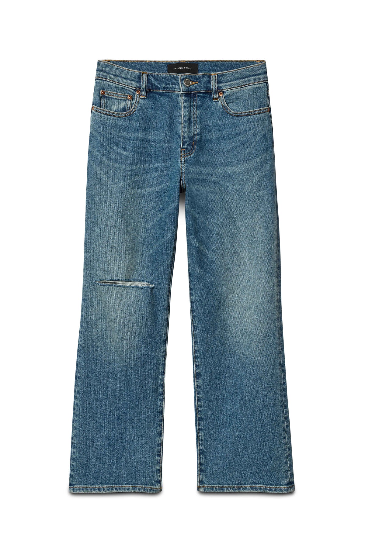 Slim Crop 80's denim in medium indigo wash with distressed details and cropped straight leg.