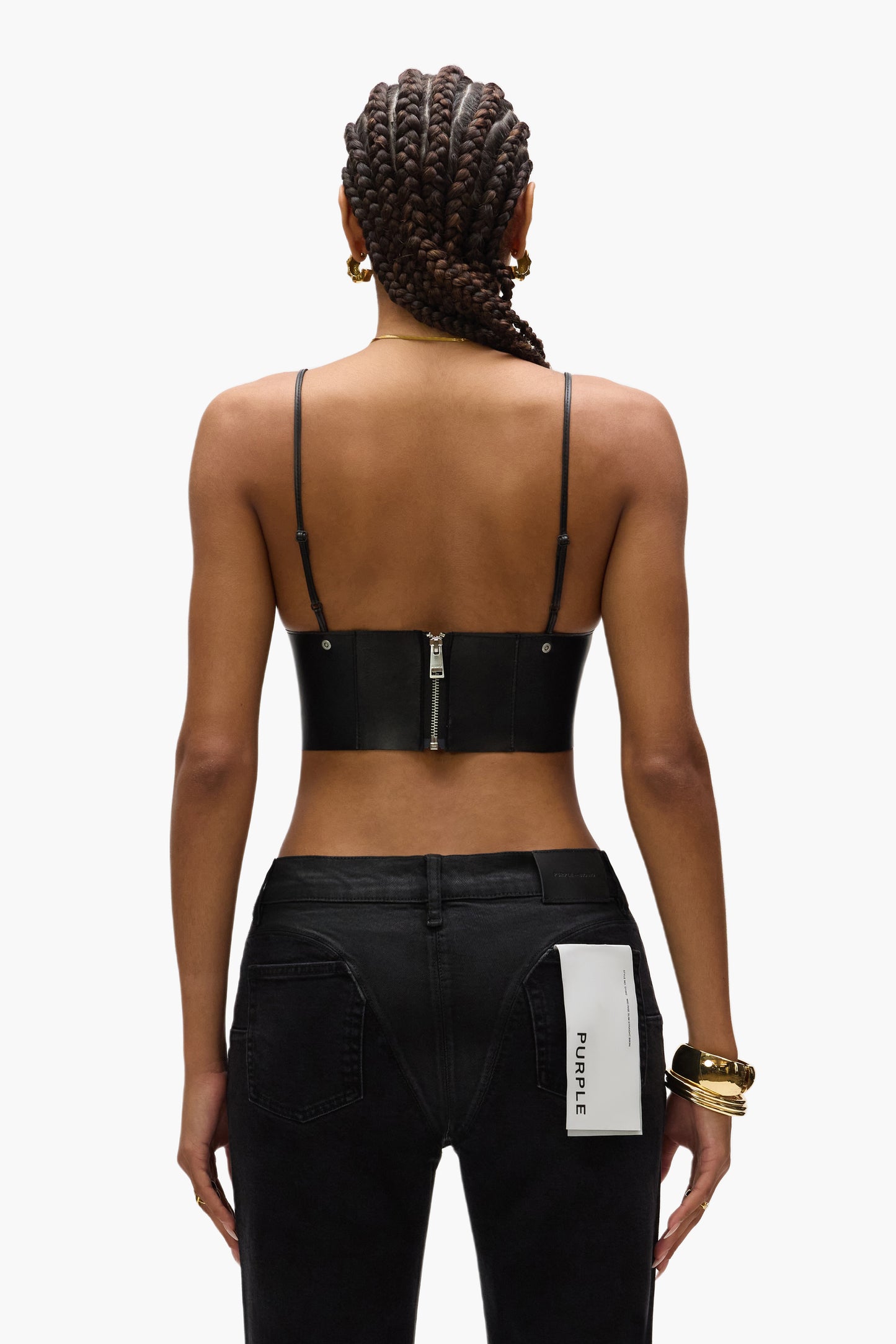 Leather Bralette with adjustable straps and center back zipper closure in multiple sizes.