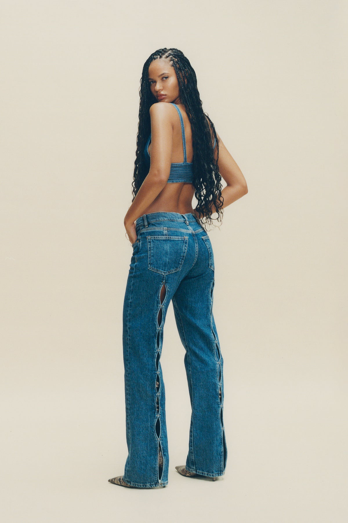 Slim Straight Back Cut Out Dark Indigo Denim with Cut Out Details on Back Leg