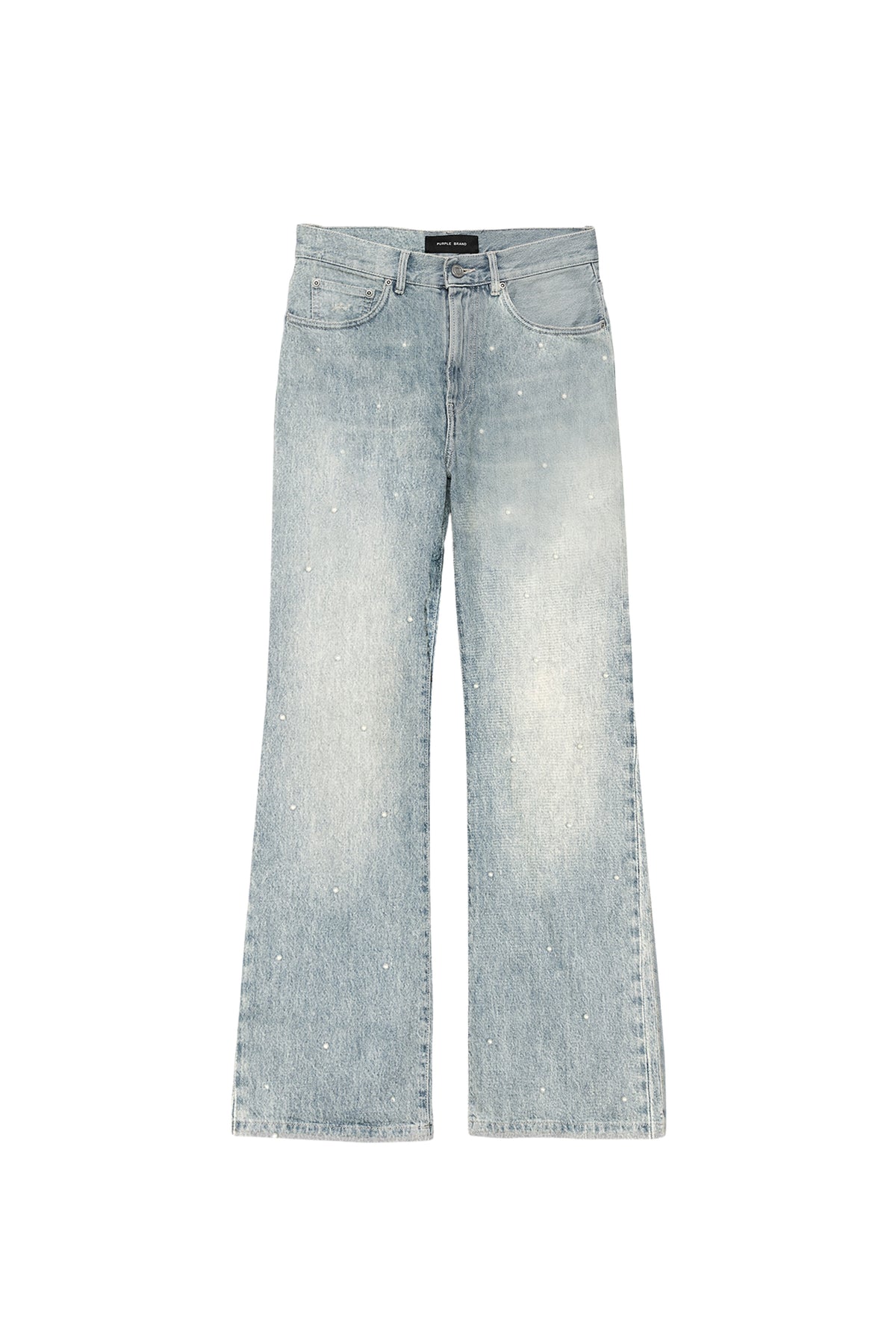 Wide Pearl Hotfix high-rise denim with hotfix pearls, relaxed leg, sizes 24-34.
