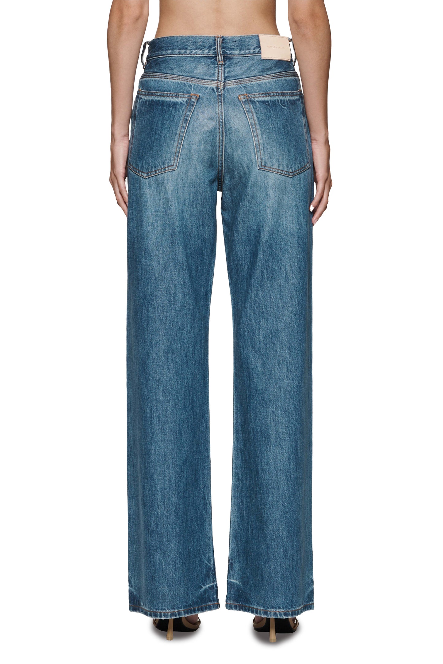 Wide Coated Denim Wide Leg Mid Indigo 5 Pocket Style with Front Zipper Fly