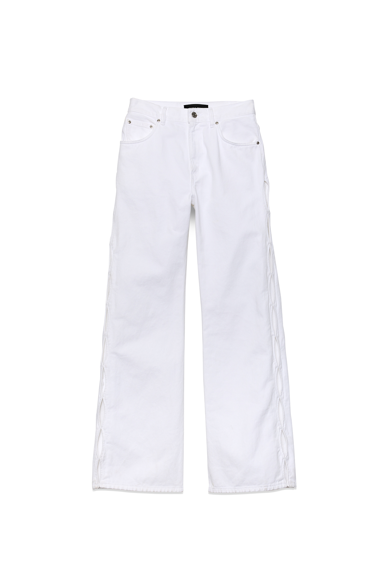 Wide Side Cut Out Denim with Side Cut Out Details, High Rise, available in sizes 24-34.