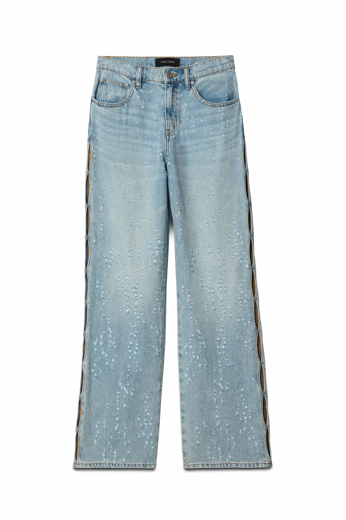 Wide Side Cut Out Buckshot light indigo wash denim high-rise wide leg with side seam openings