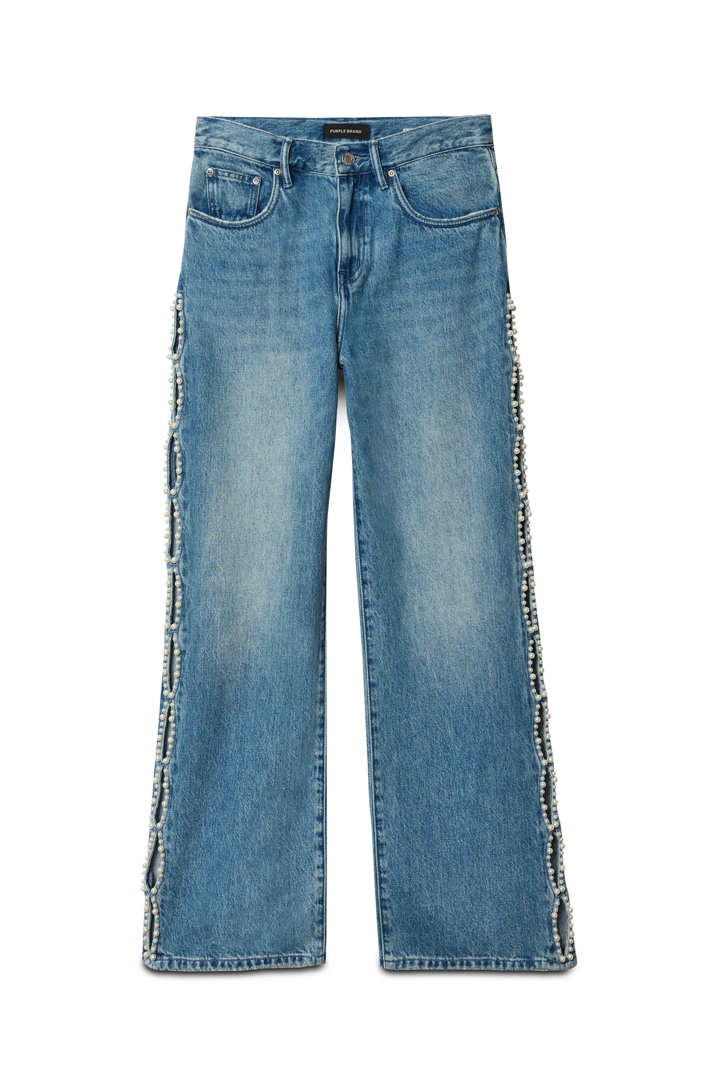 High-rise wide leg denim with side cut outs and hotfix pearls, available in sizes 24-34.