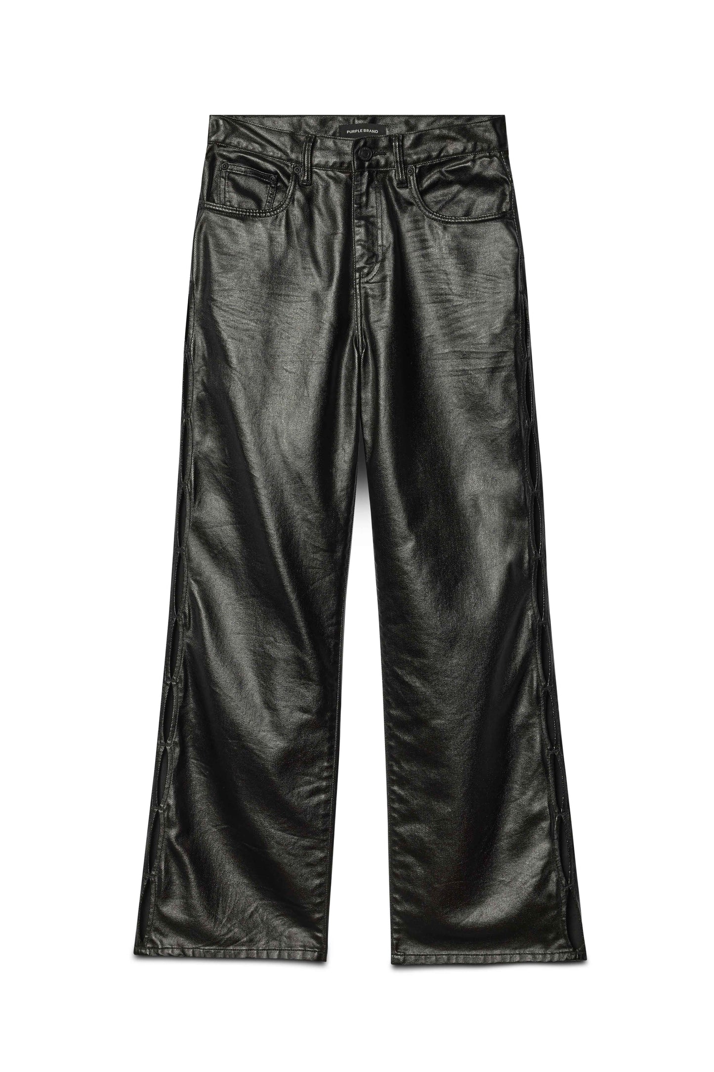 Wide Side Cut Out high-rise wide leg black denim with side seam openings and five pocket styling