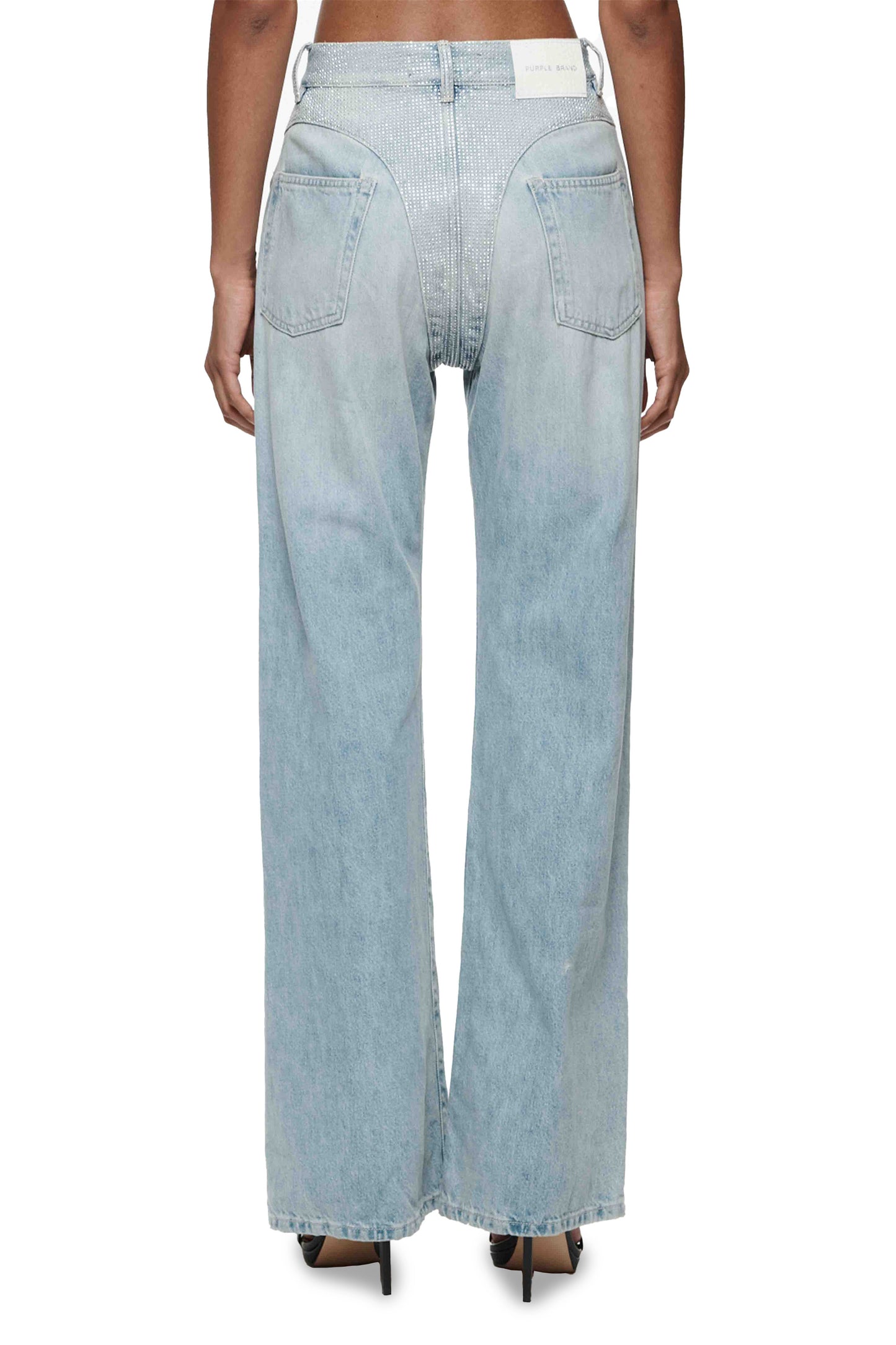 Wide Bikini Bling bleached denim wide leg pants with bikini panels and crystal details