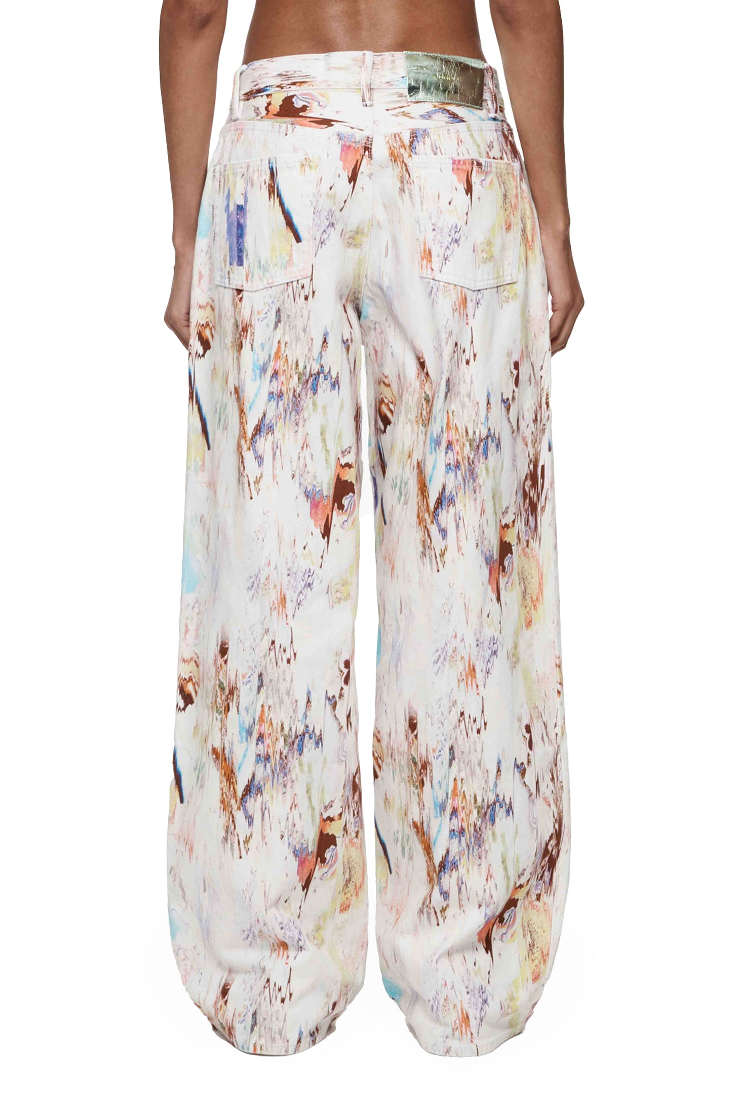 Baggy Melt denim in baggy fit with all over print and 5 pocket style, available in sizes 24-34.