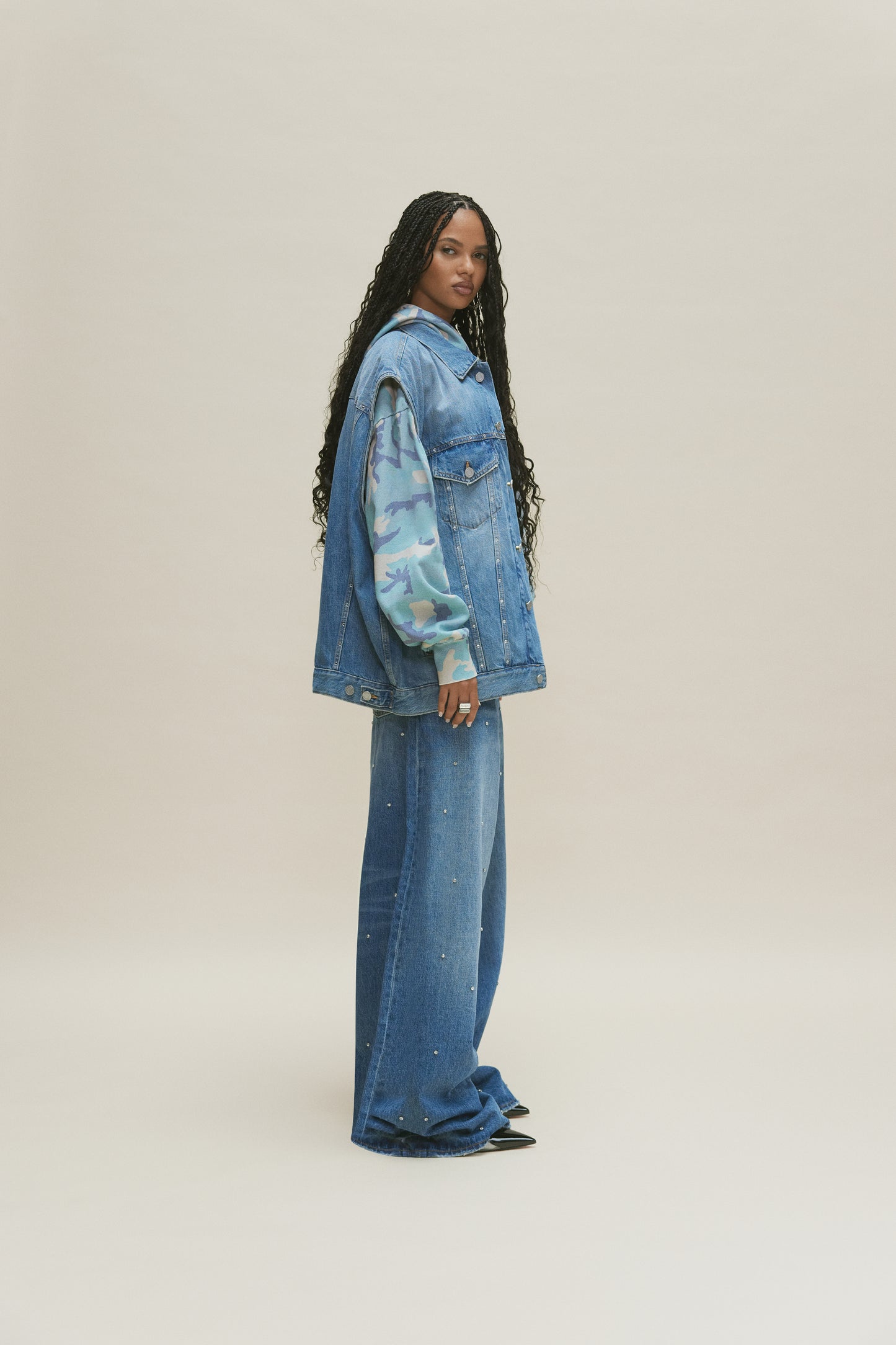 Baggy Rhinestone Vintage denim jeans with rhinestone studs, high rise, available in sizes 24-34.