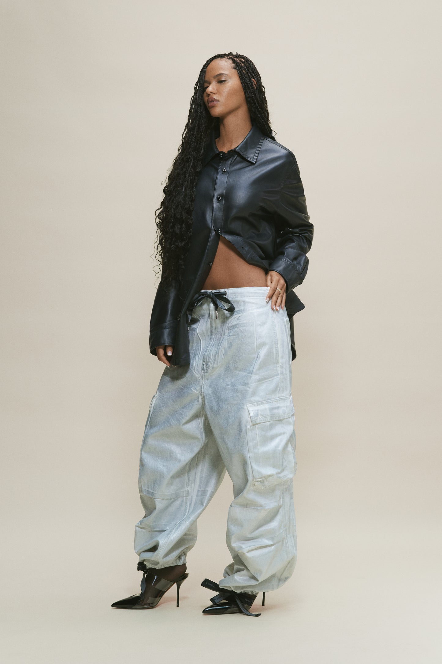 Parachute Cargo Denim with Silver Foil, featuring cargo pockets and purple drawcord details.
