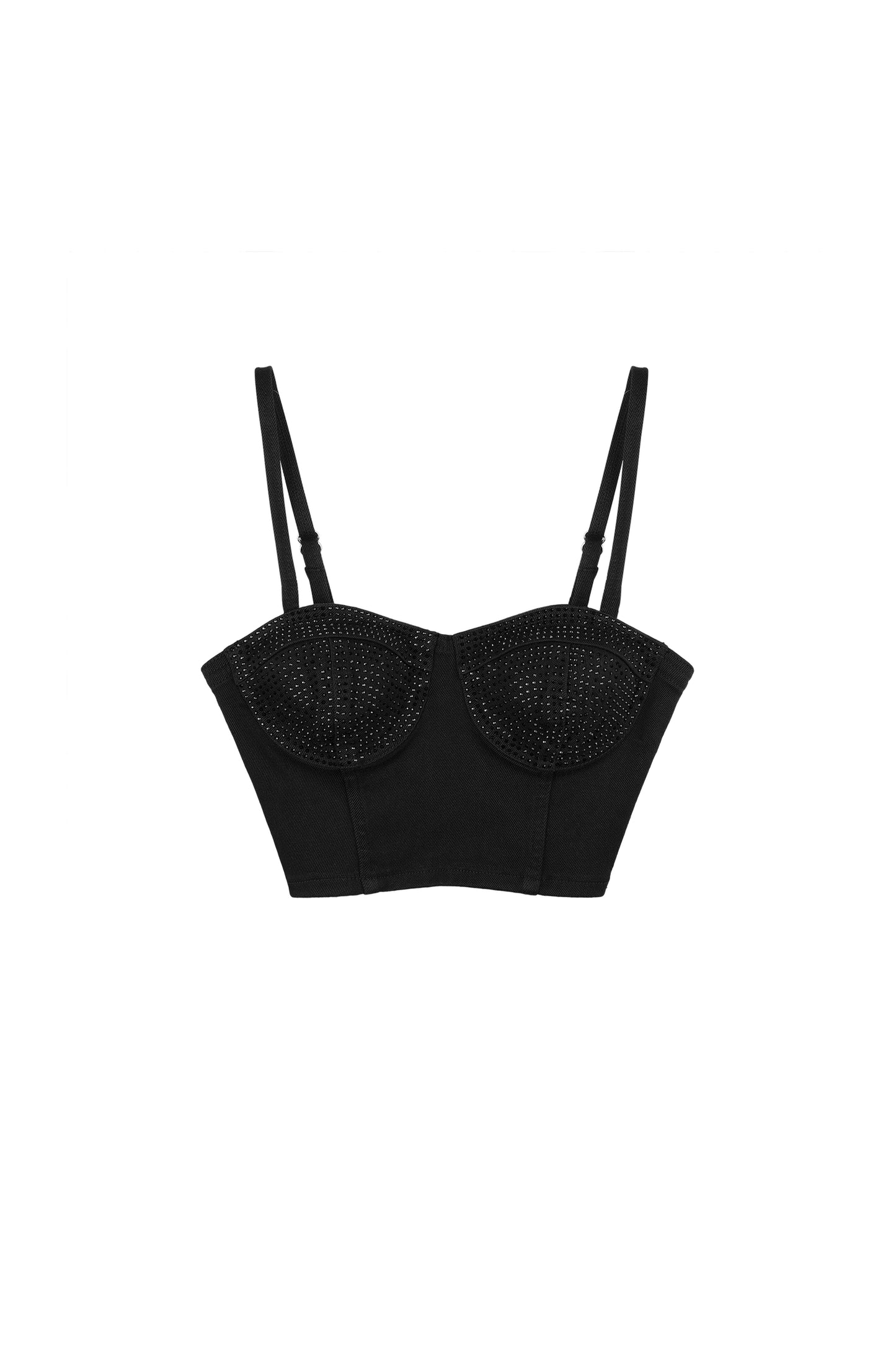 Rhinestone Corsette bralette with adjustable straps and exposed zipper closure in purple.