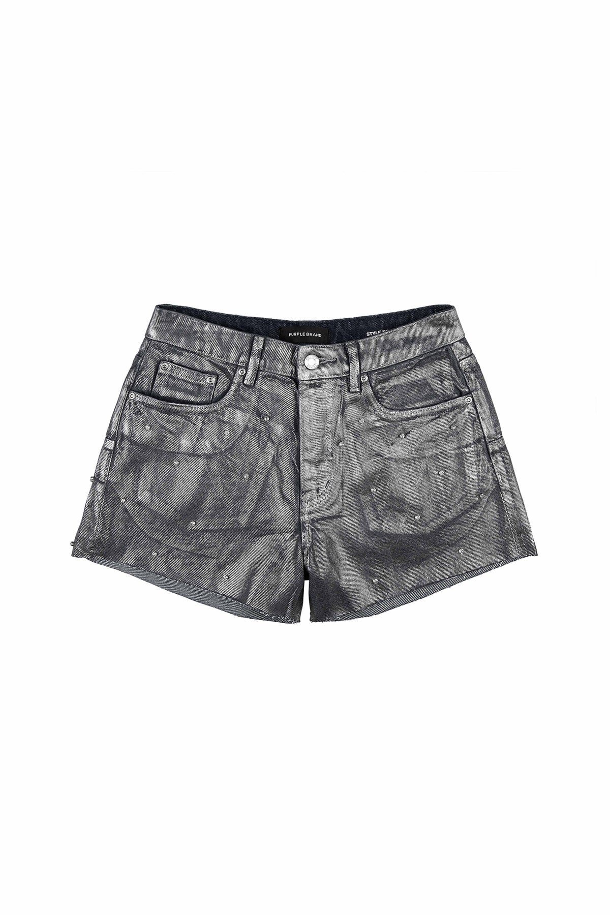 Foil Rhinestone Cut Off Shorts in dark indigo denim with high rise and 5 pocket style.