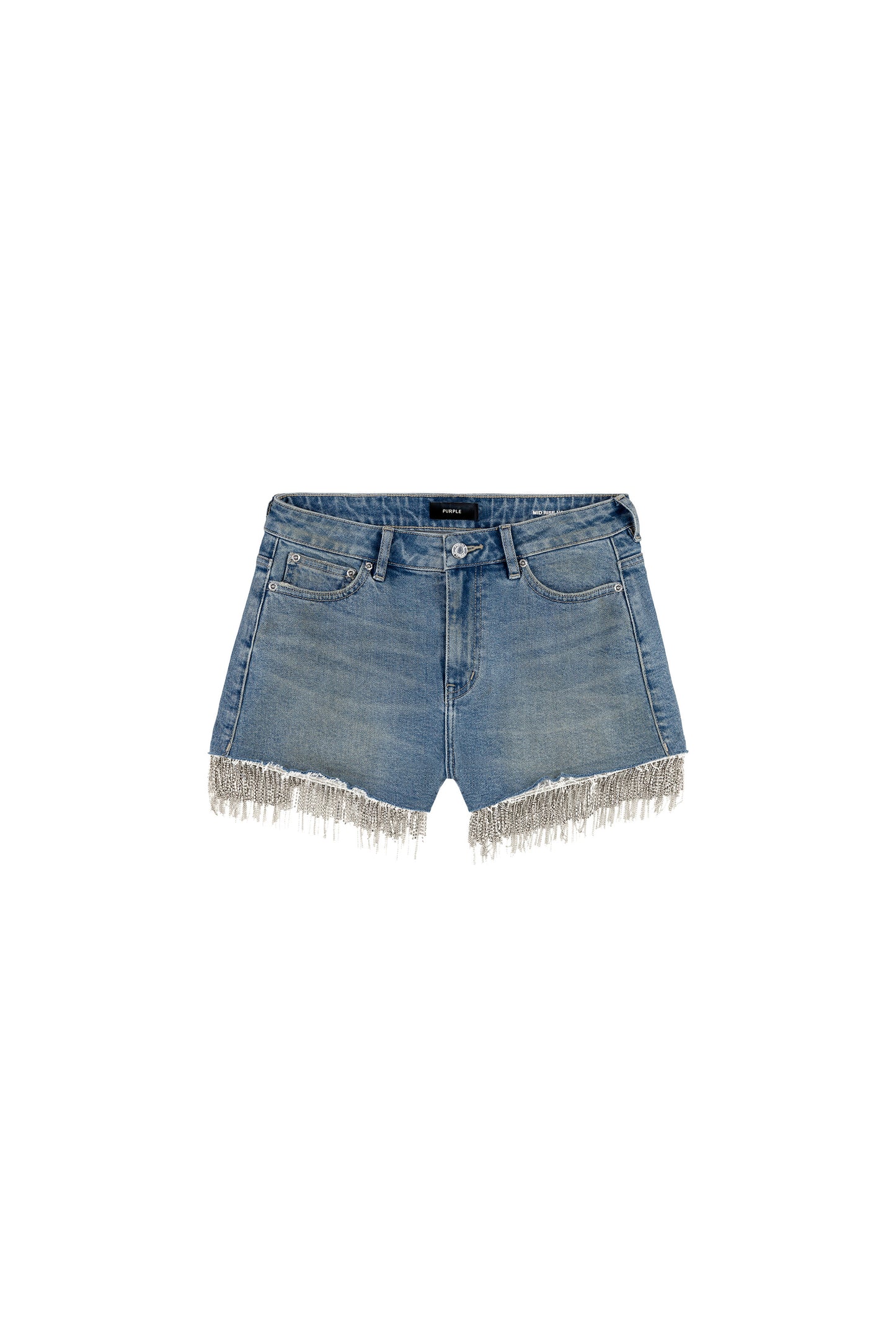 Crystal Fringe Hot Short with mid rise, front zipper fly, and 5 pocket styling.