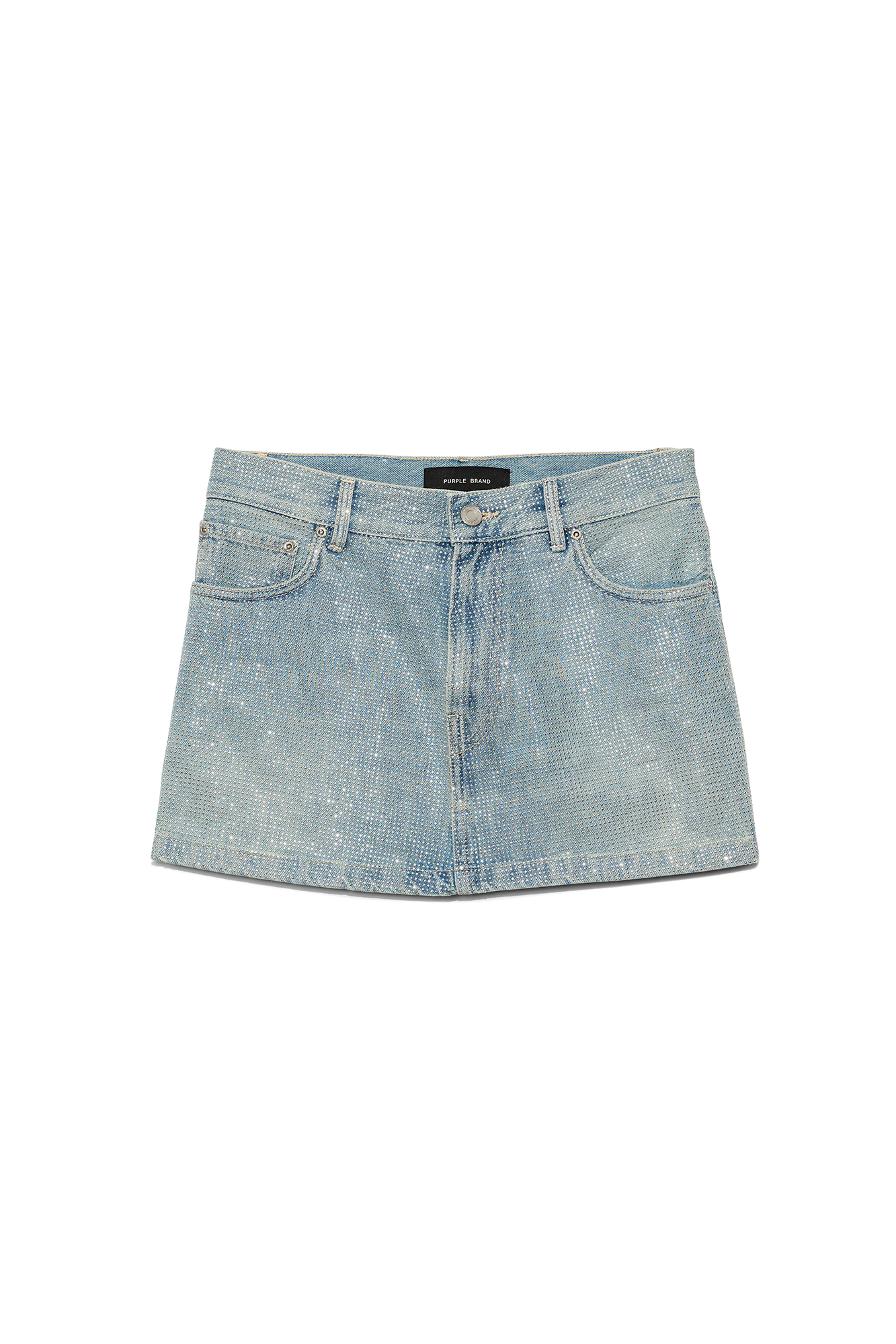 Mini Hotfix bleached mini skirt with all over crystals, frayed hem, and front zipper fly.