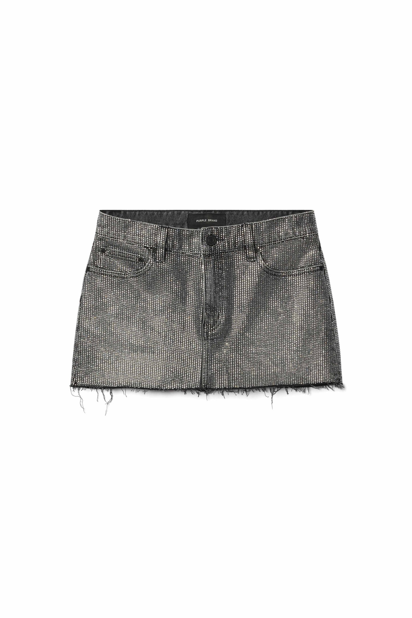 Mini Hotfix black denim miniskirt with allover hotfix crystals and five pocket styling