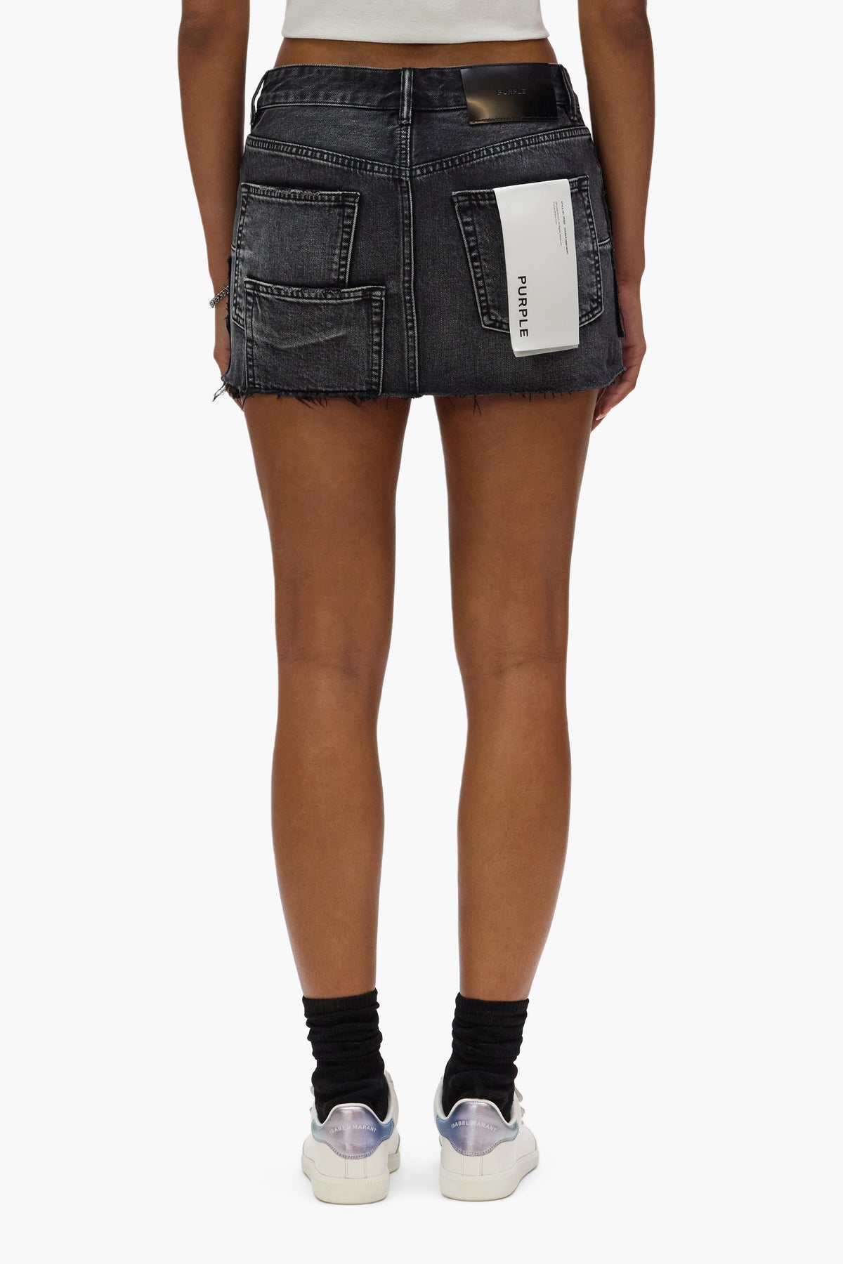 Double Canvas Mini Skirt with Dual Black Wash, front zipper fly, and frayed hem