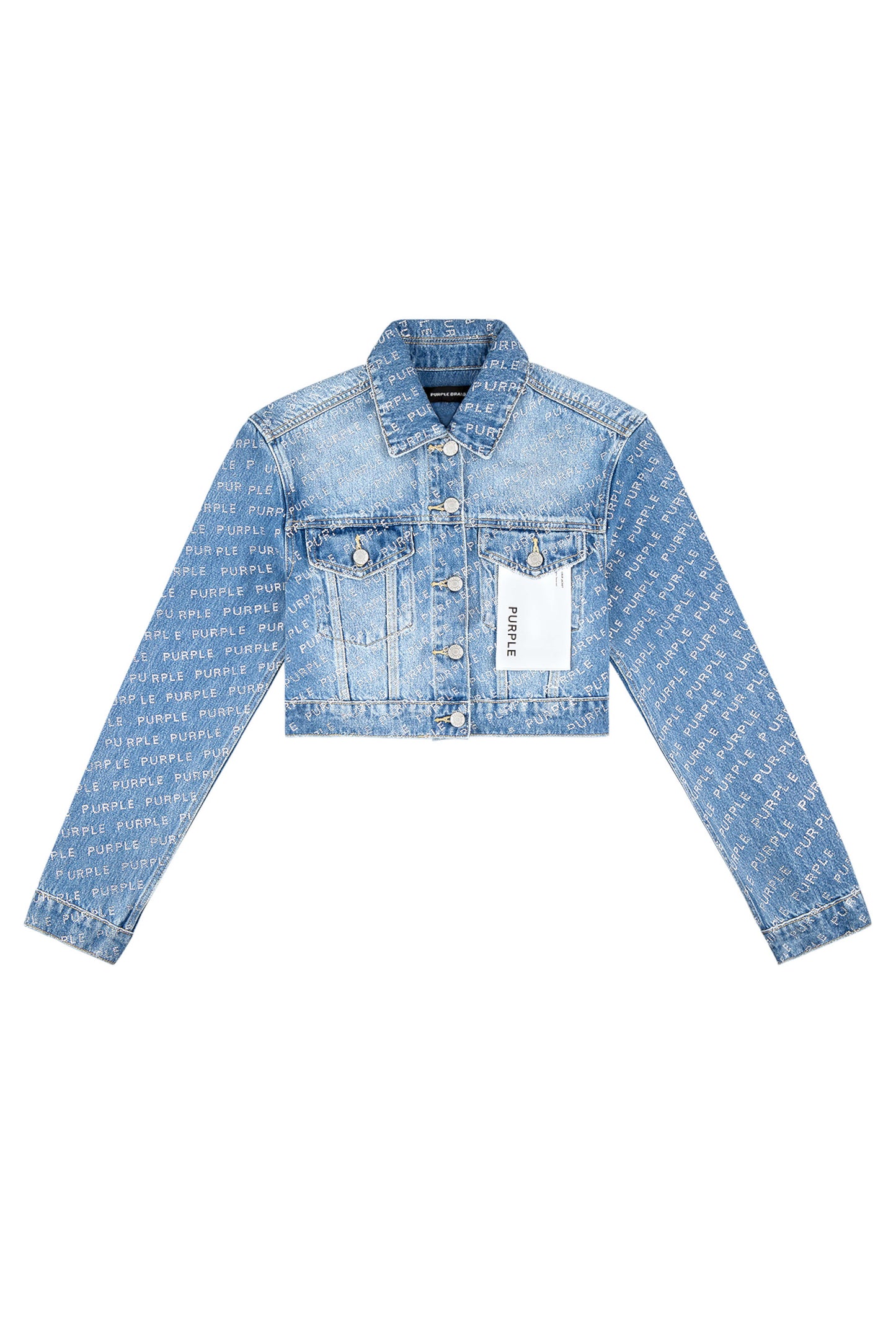 Purple logo print denim cropped jacket with front pockets and adjustable back tabs.