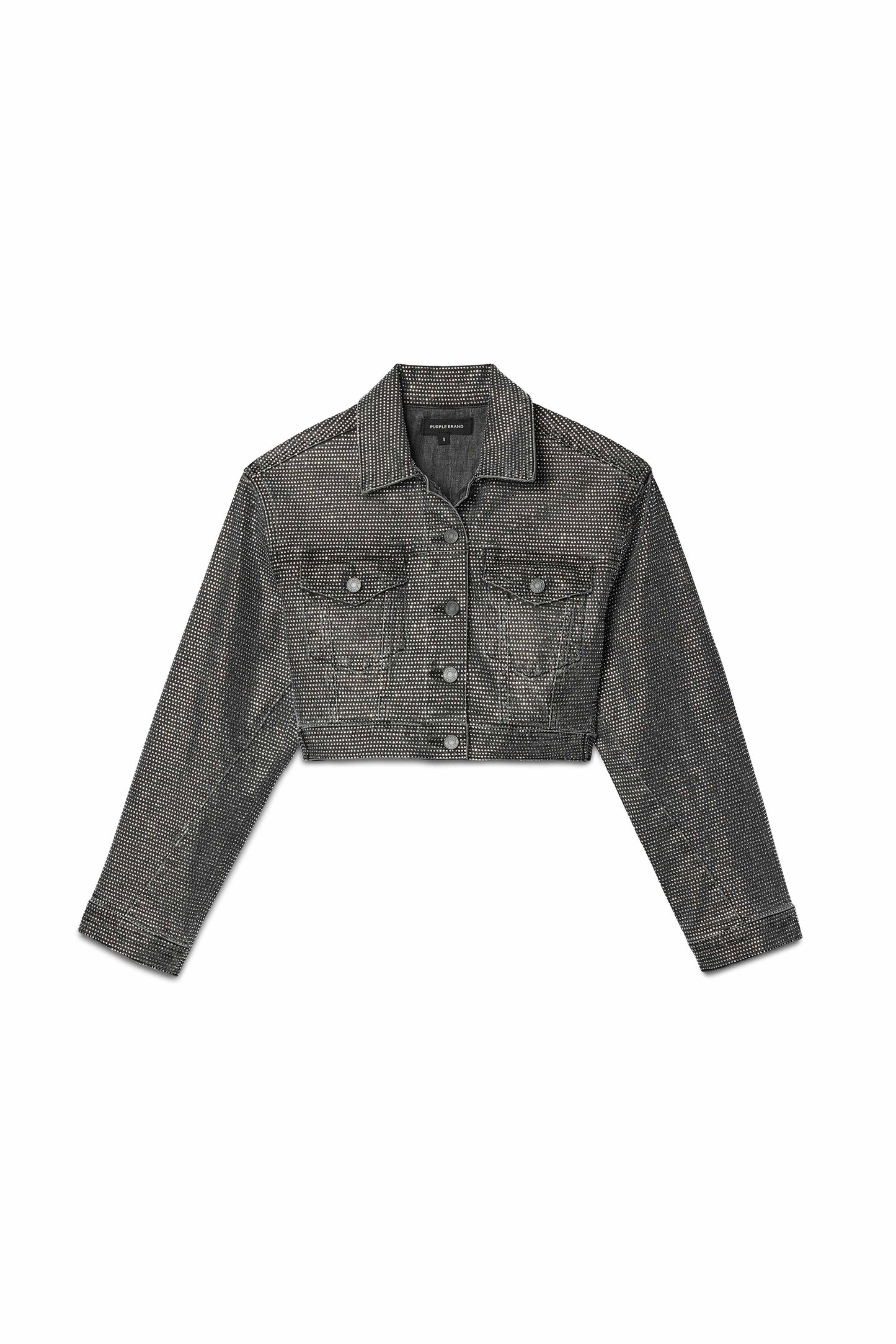 Twisted Hotfix Crop Jacket in black denim with hotfix crystals and front flap pockets.