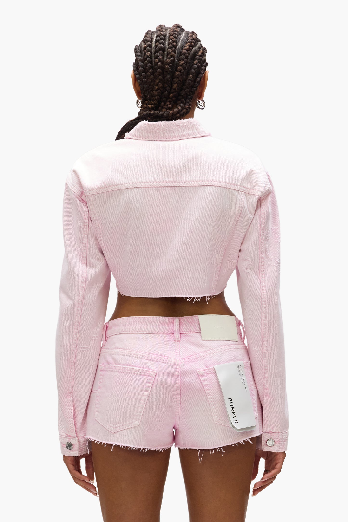 Sequin Cropped Jacket with relaxed fit, frayed hem, button front closure, and front pockets.
