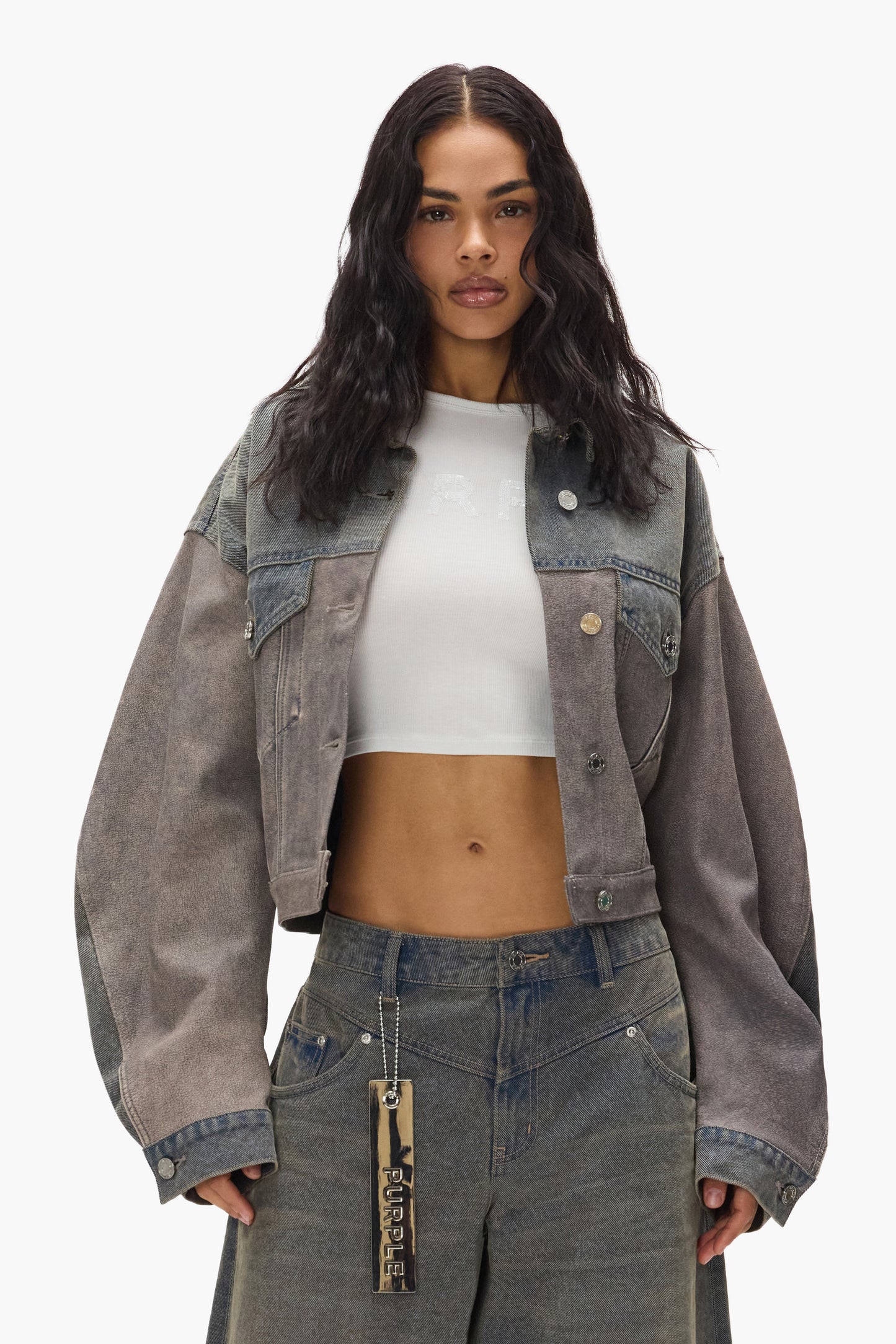 Mixed Denim & Leather Jacket, relaxed cropped length, with front chest pockets and embossed logo.