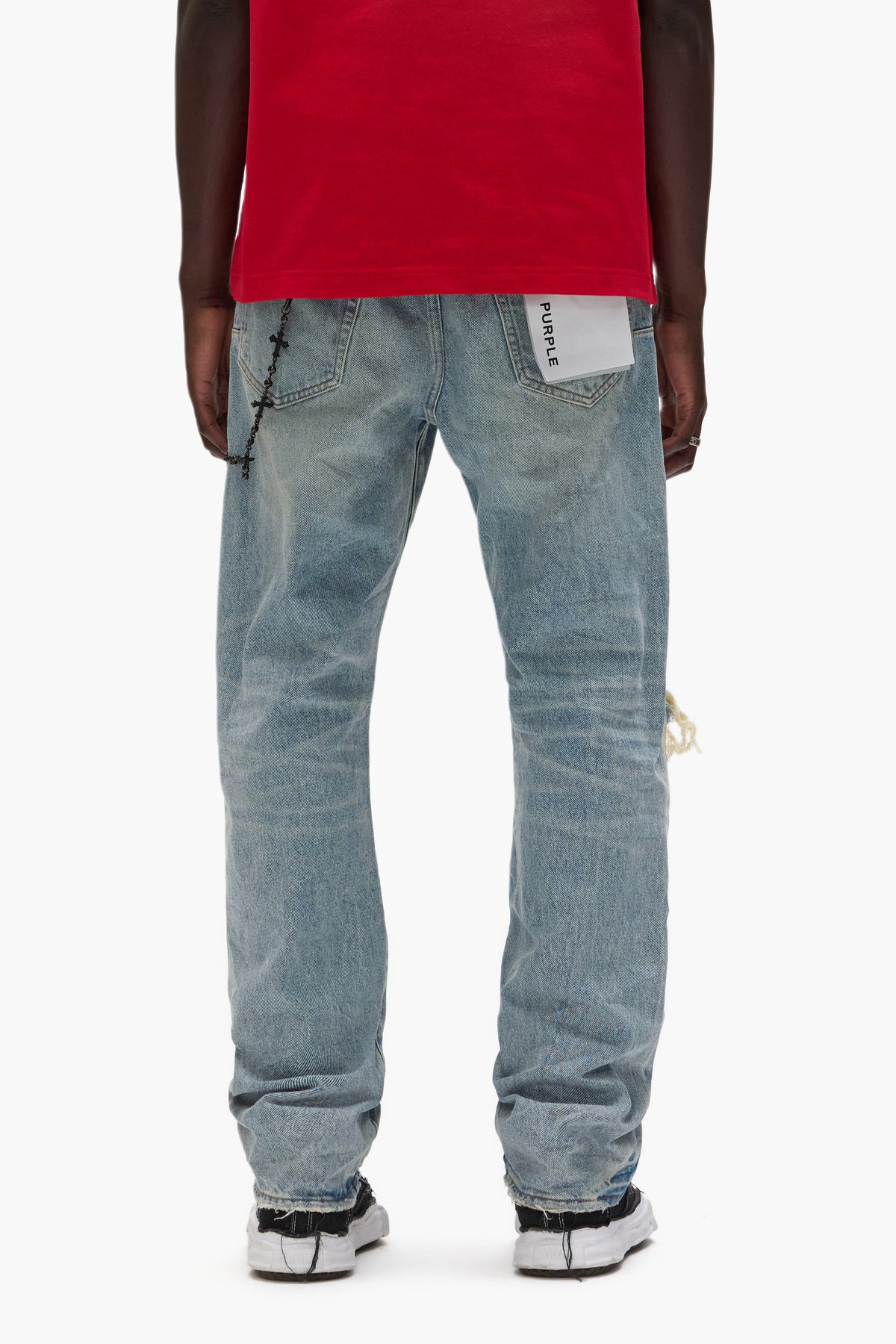 P011 Knee Blowout mid-rise men's denim jeans in dirty light indigo with large knee tear.