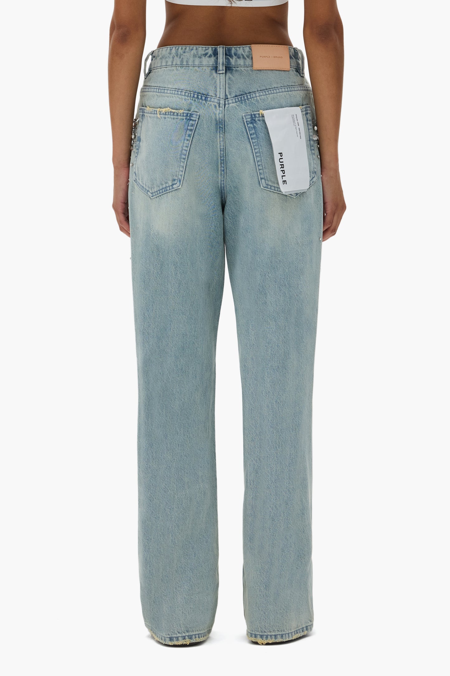 Embellished Wide Leg Denim with rhinestone embellishment, available in sizes 24-34.