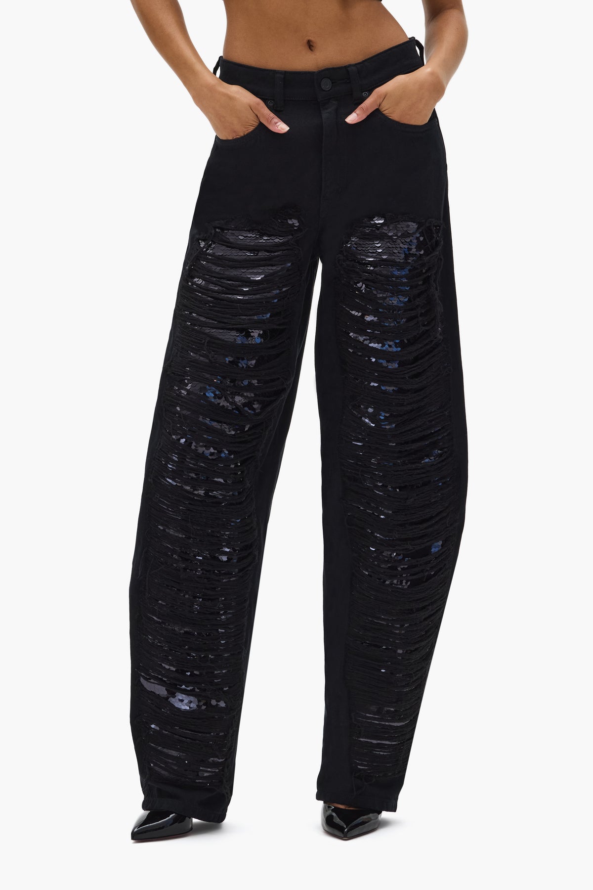 Sequin Barrel Leg denim with sequin embroidery and barrel fit, available in sizes 24 to 34.