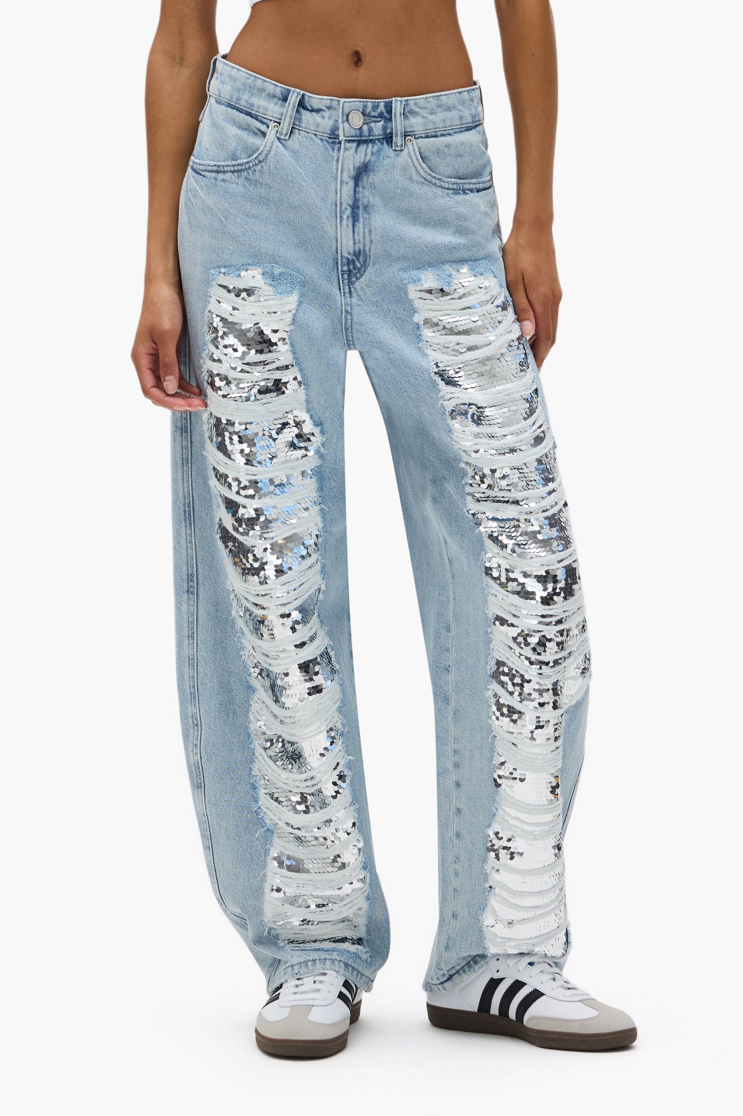 Sequin Blowout Barrel Leg denim in various sizes with sequin embroidery and 4 pocket style.