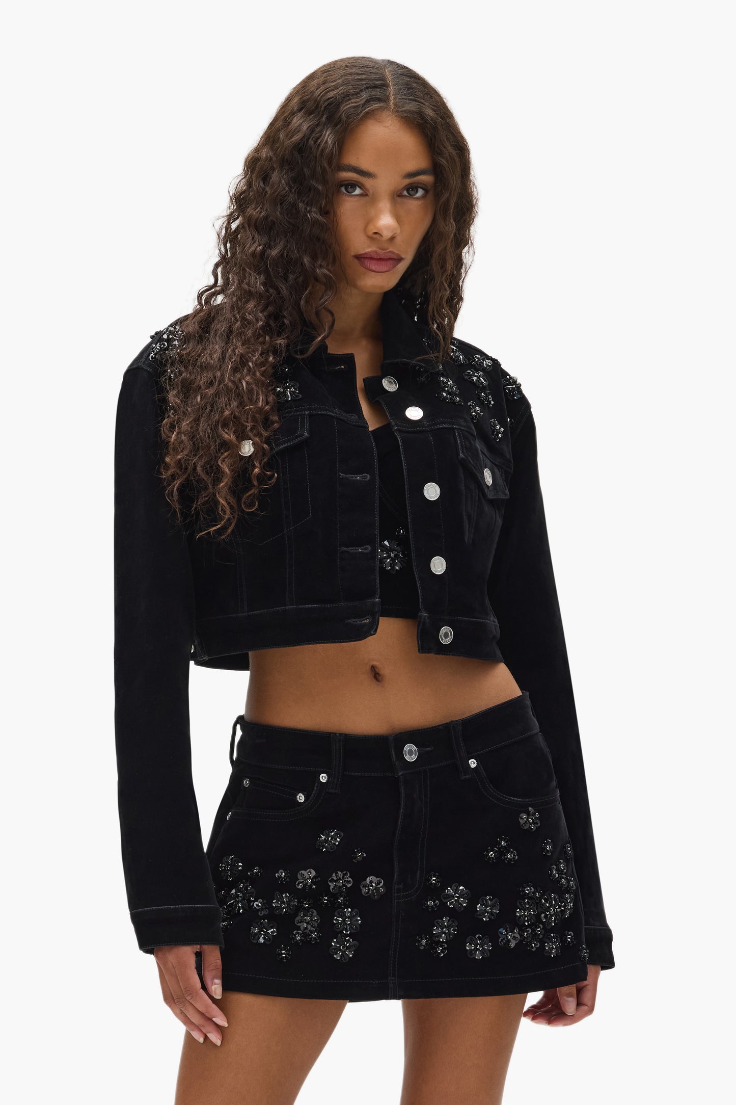 Embellished Cropped Jacket with beaded embellishment and front pockets, regular fit outerwear.