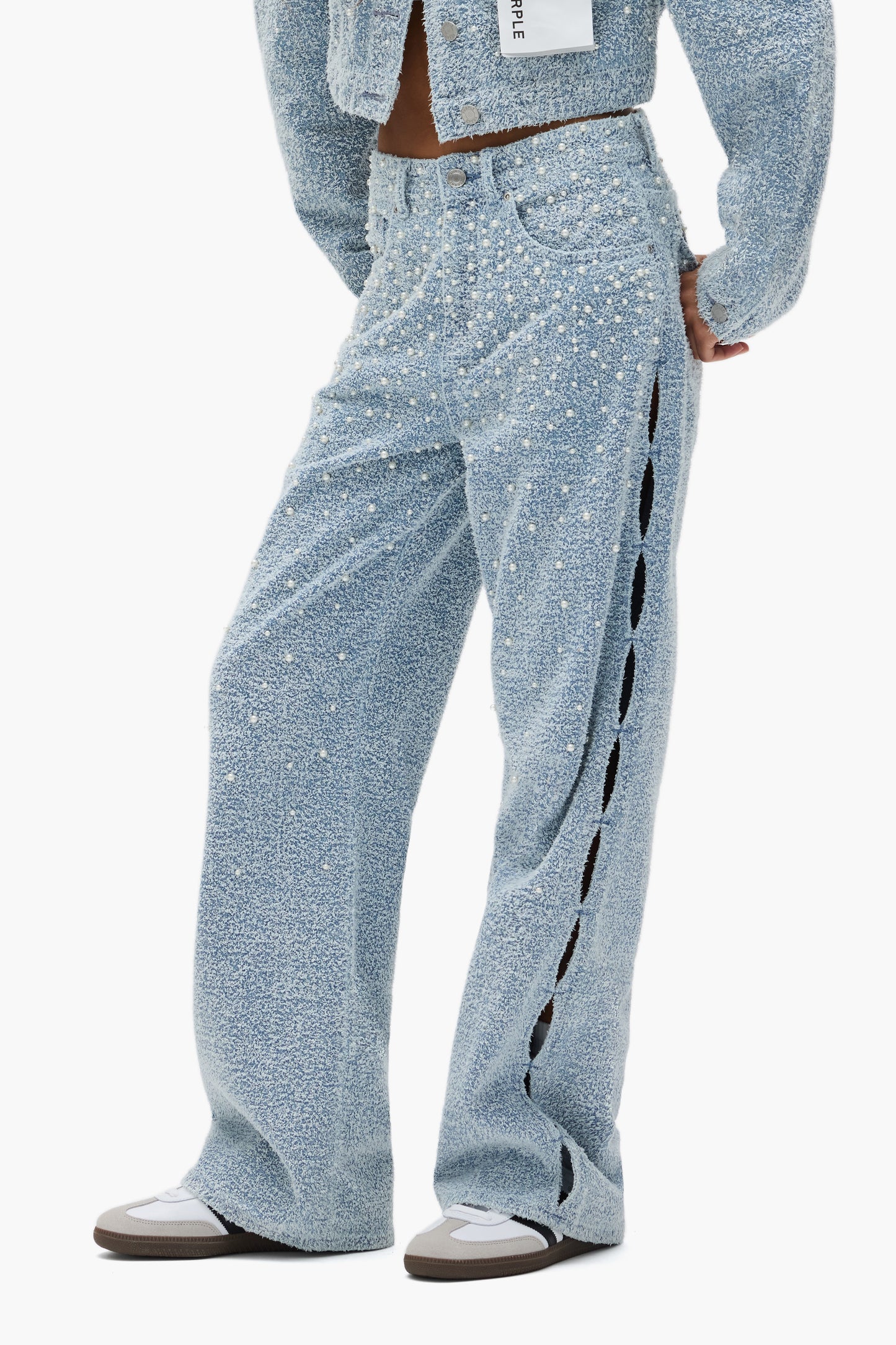 Wide Textured Pearl Cut Out Wide Leg Denim with Side Cut Outs and Pearl Studs