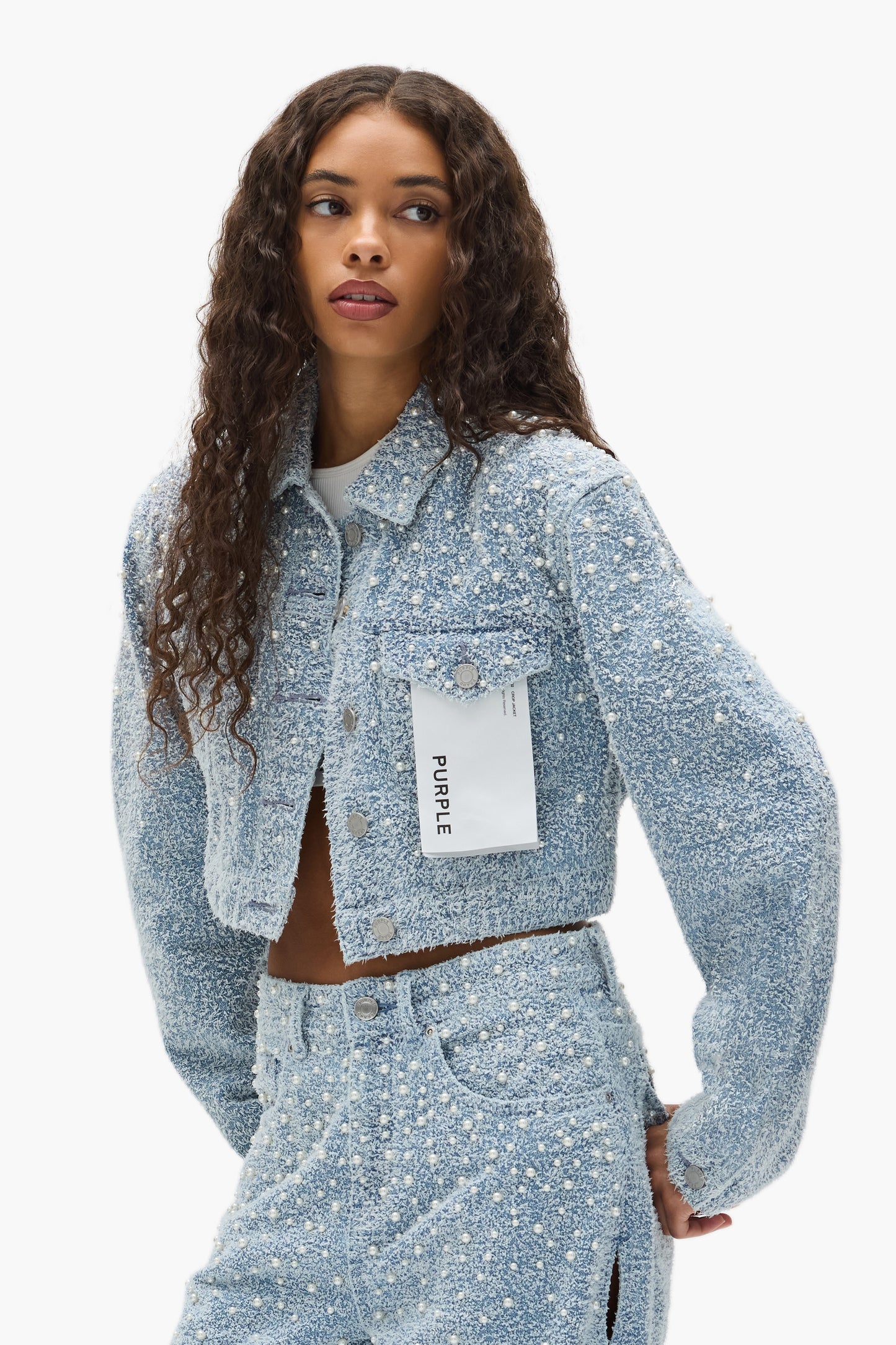 Cropped Textured Pearl Jacket in denim featuring pearl embellishments and front button closure.